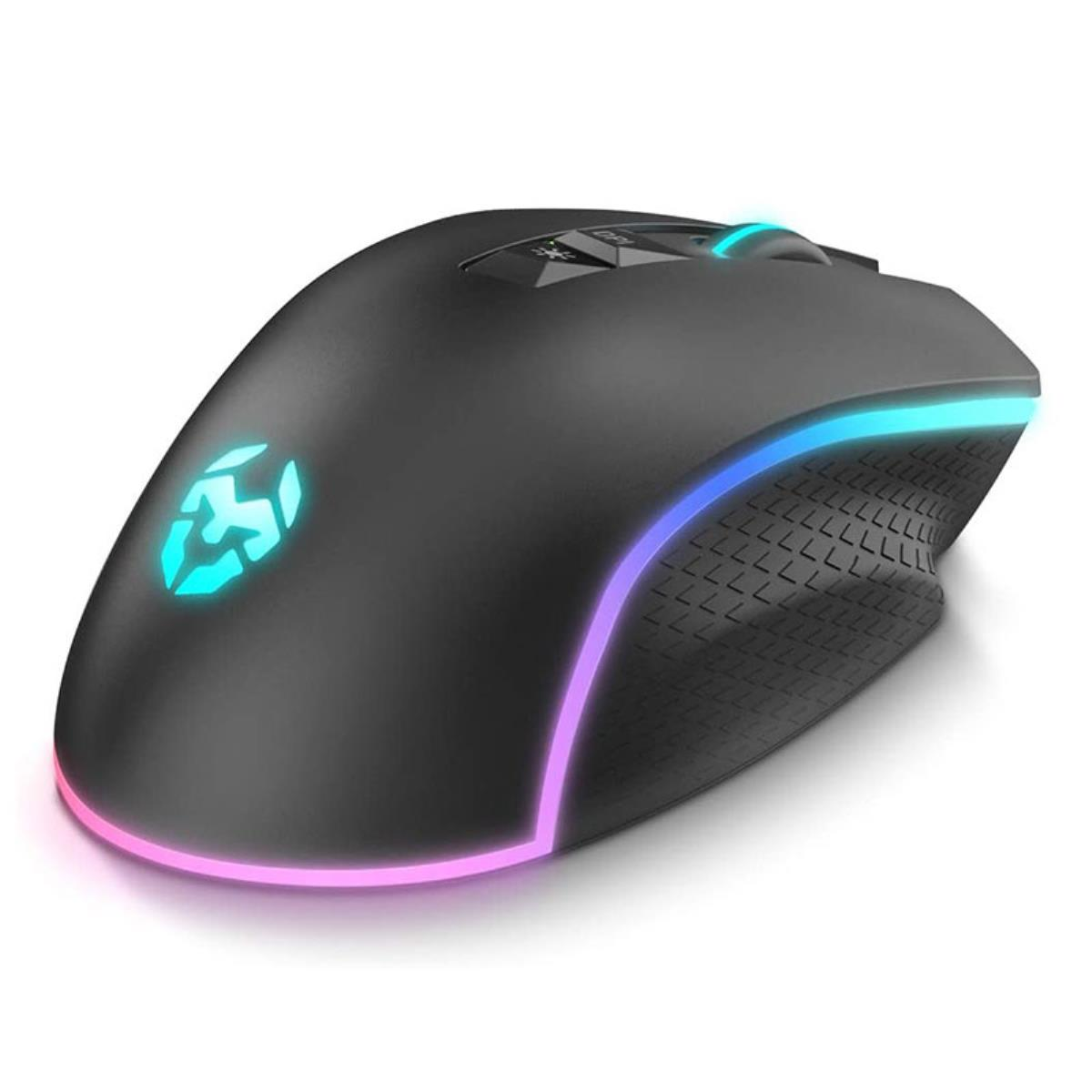 Zwarte gamingmuis met RGB-verlichting. Toont een oplichtend logo en verlichte randen.
