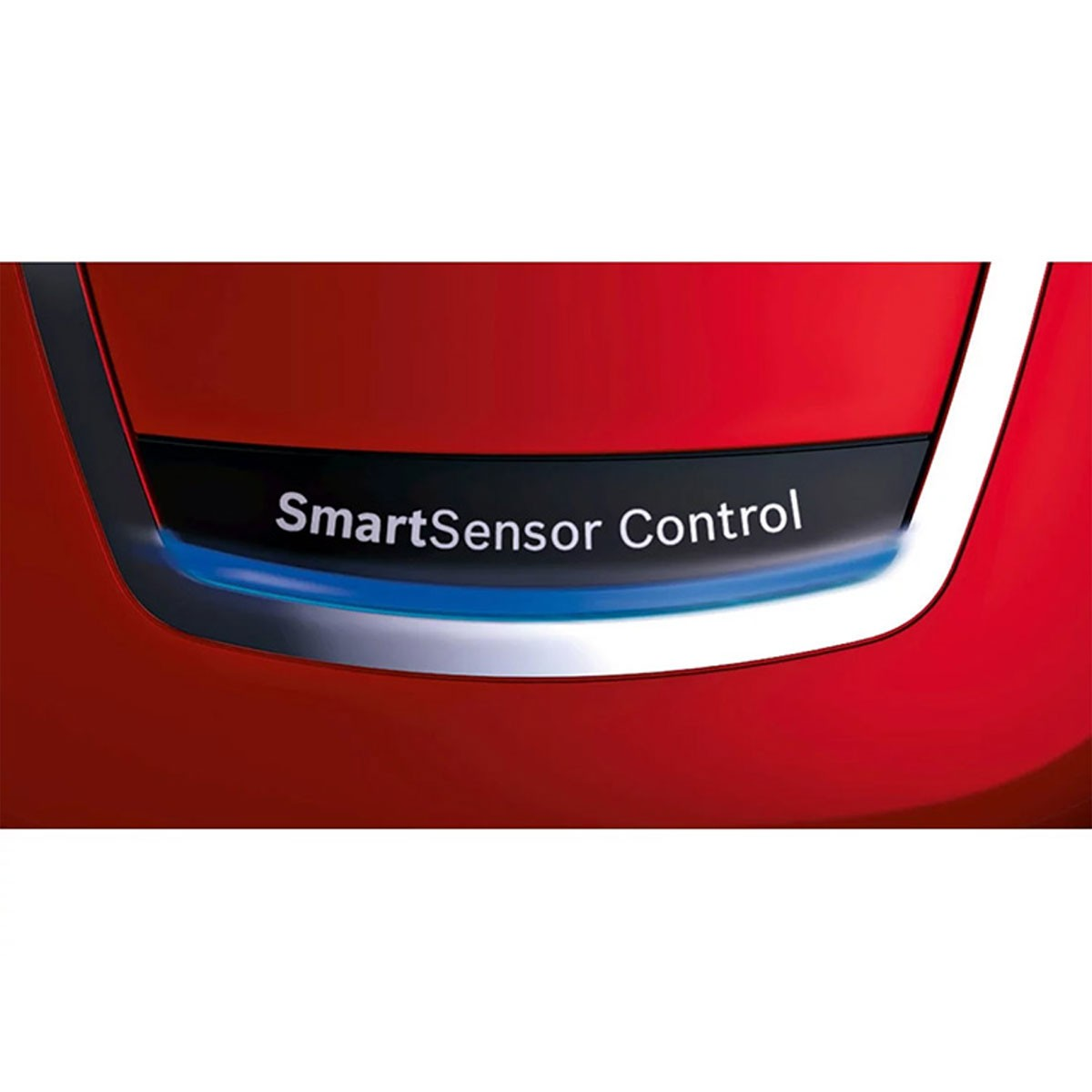 A close-up of a red object with "SmartSensor Control" text on it. There is a blue glow.