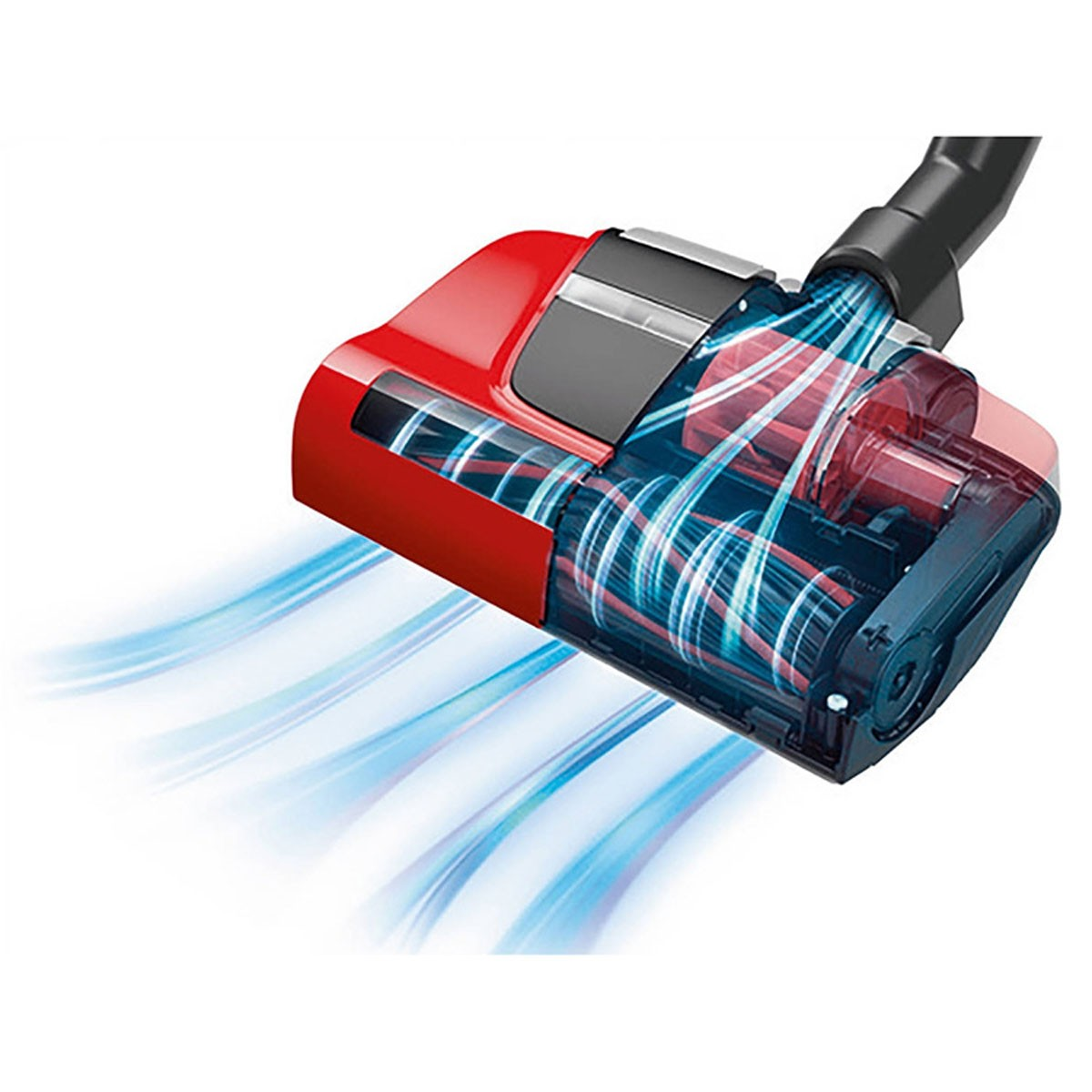 Vacuum cleaner head with red casing and blue air flow lines.