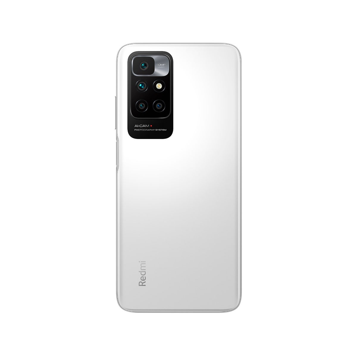 White smartphone with multiple rear cameras and 'Redmi' logo, on a white background.