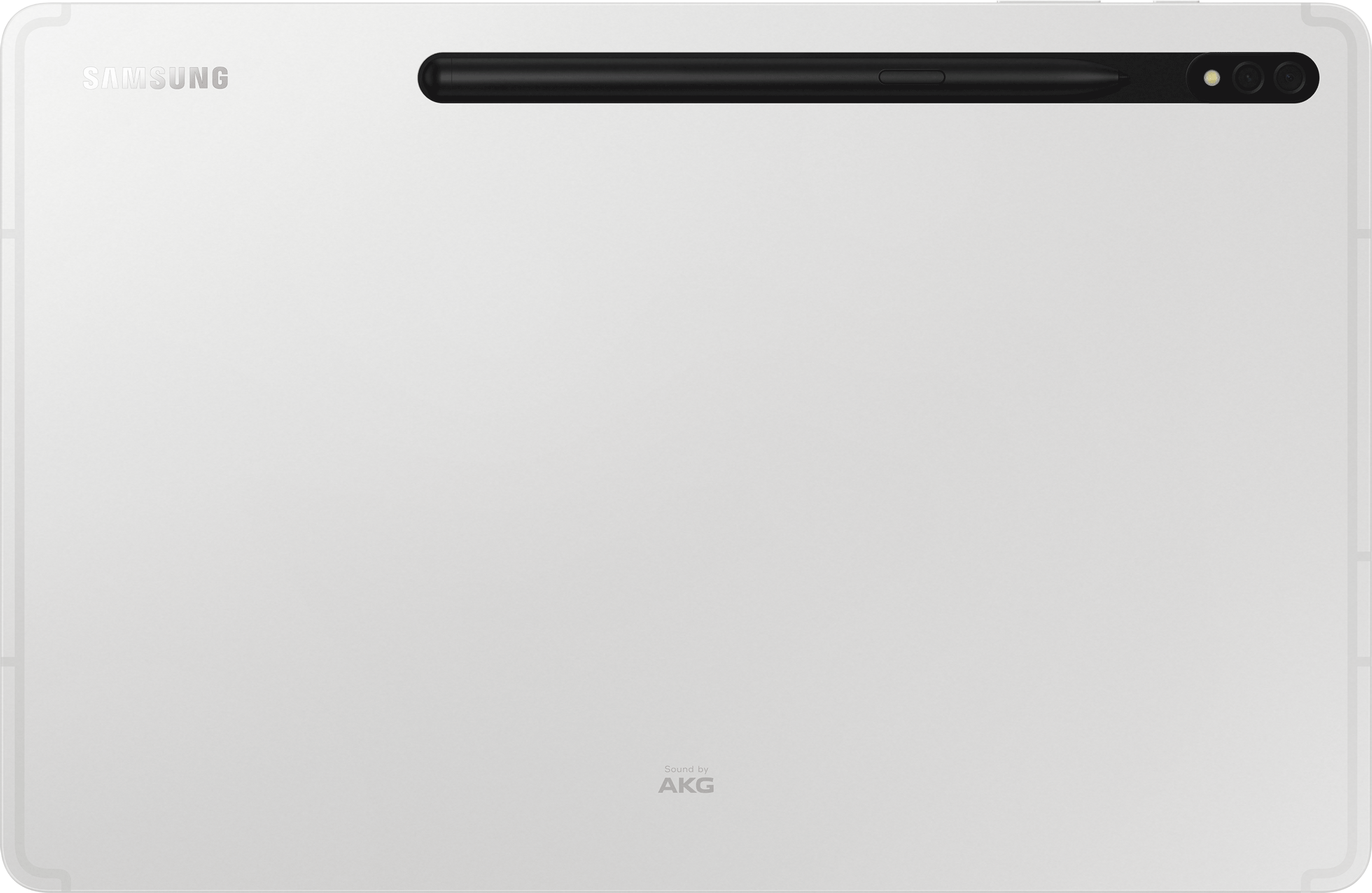 Weißes Tablet mit schwarzem Stift oben. Die Rückseite hat ein SAMSUNG-Logo und AKG.