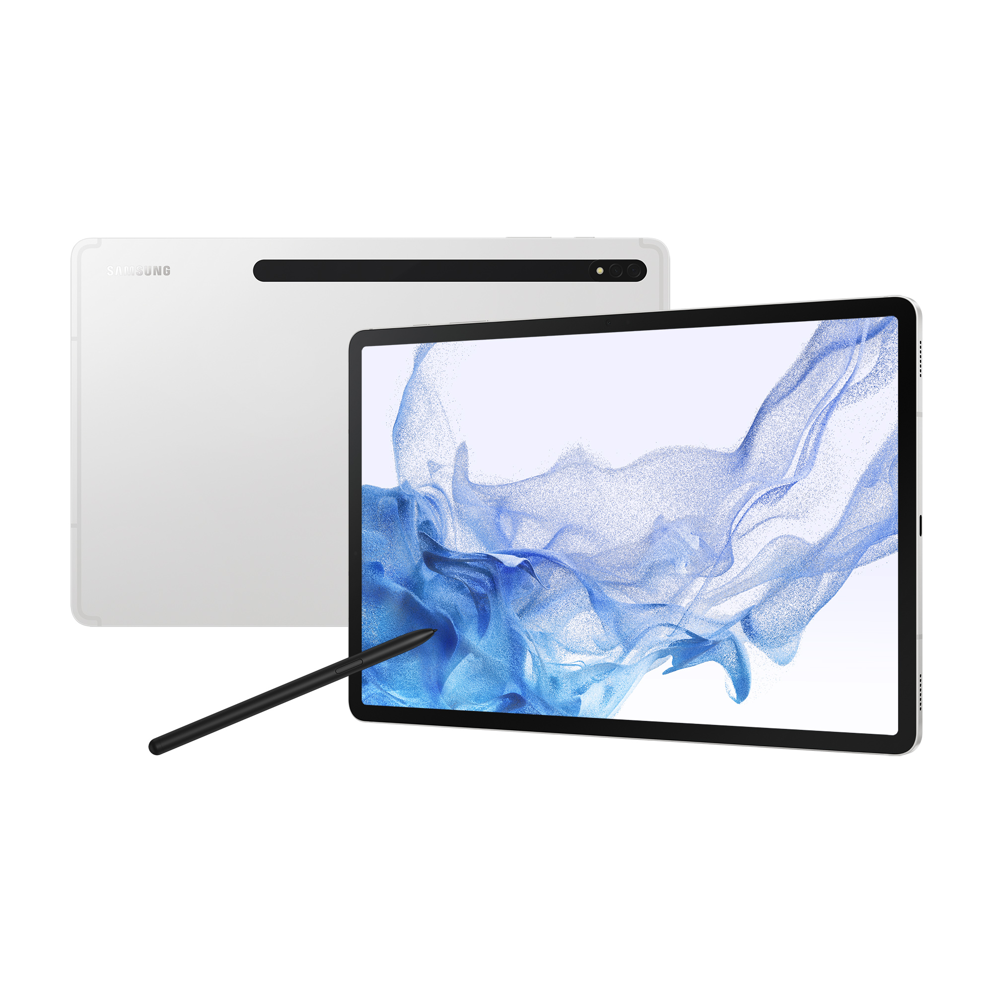 Ein weißes Samsung-Tablet mit Stift, das beide Seiten zeigt, isoliert auf weißem Hintergrund.