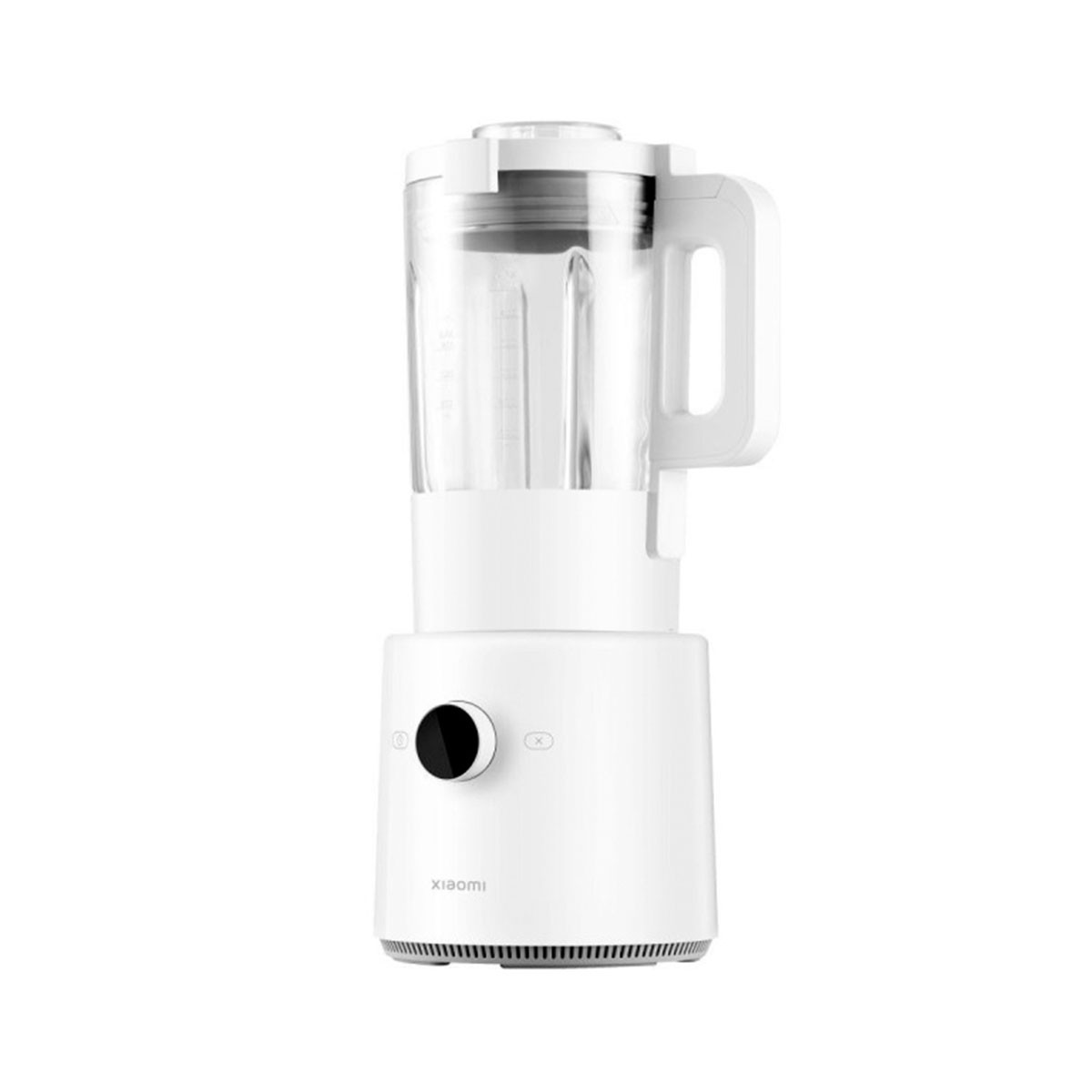 Witte blender met handvat, bedieningsknop en een doorzichtige container, tegen een witte achtergrond.