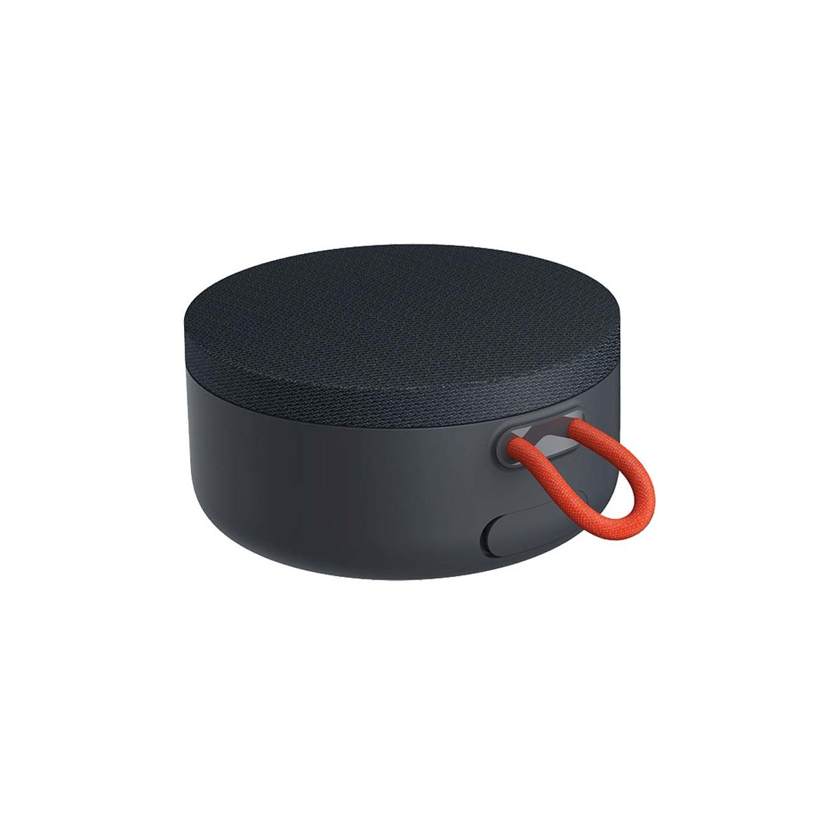 Un altavoz pequeño, gris oscuro, con un lazo naranja en el lateral.