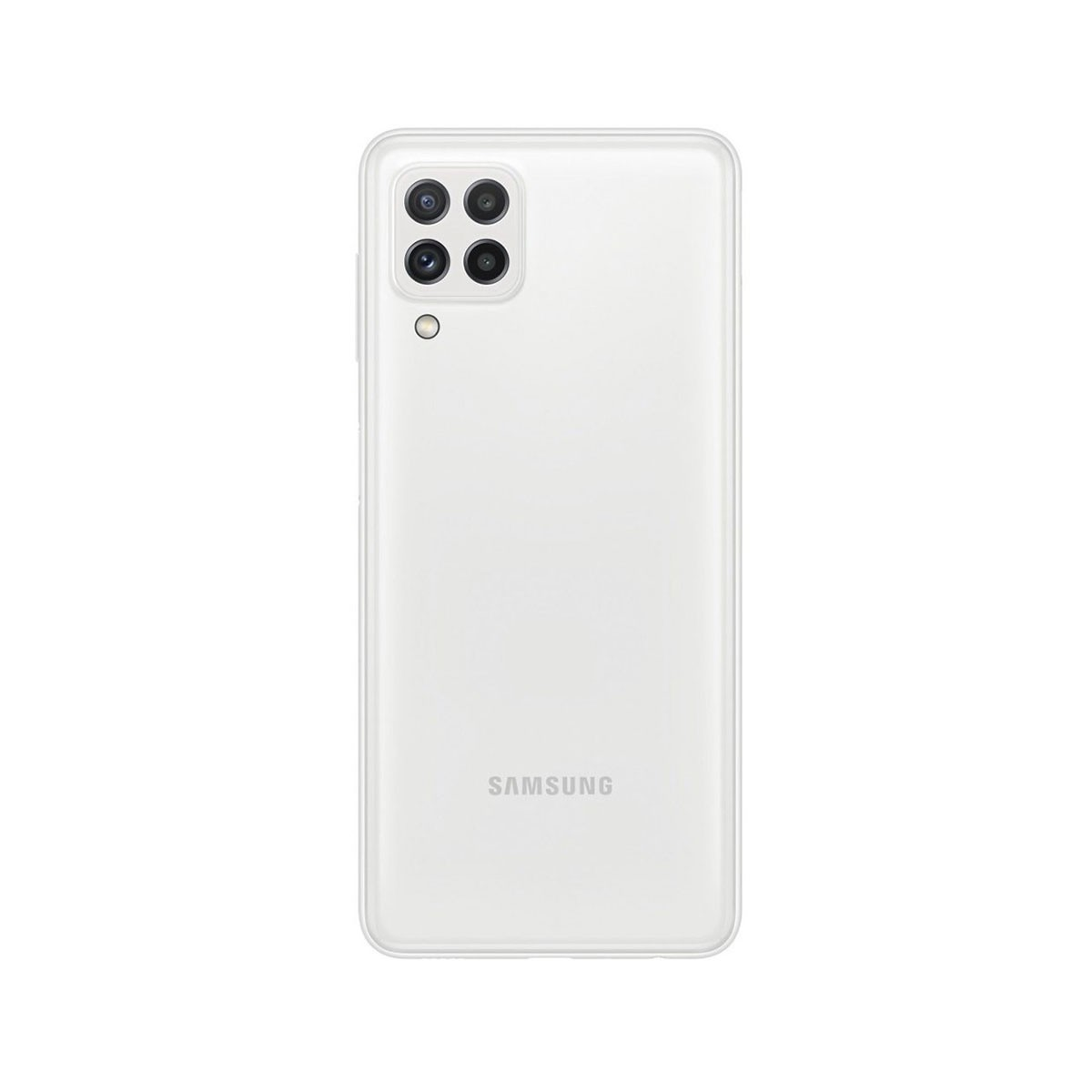 Weißes Samsung-Handy, Rückansicht. Vierfach-Kamera und Samsung-Logo sichtbar.