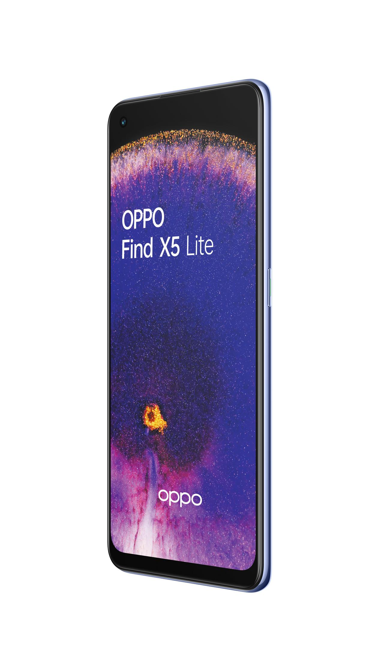 Teléfono Oppo azul, que muestra la pantalla con el logo de Oppo y las palabras Find X5 Lite.