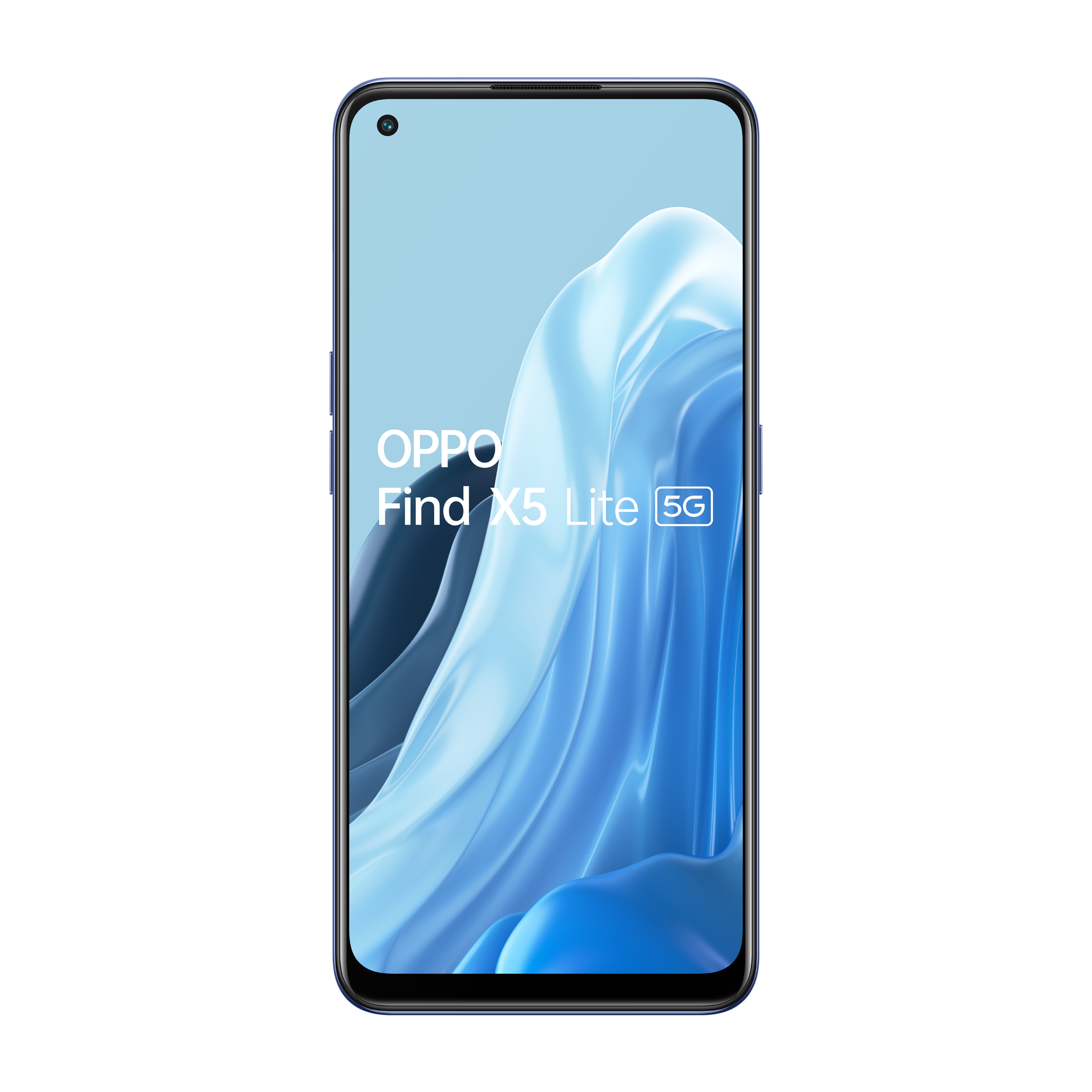 Smartphone OPPO Find X5 Lite 5G sobre fondo negro, patrón azul y blanco.