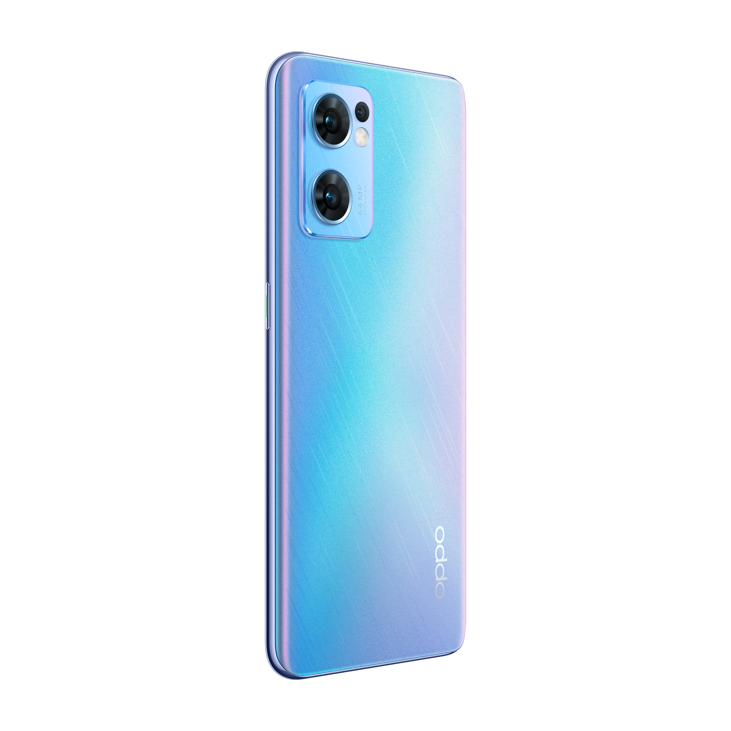 Un teléfono azul claro con una cámara de doble lente en la parte trasera, contra un fondo negro.