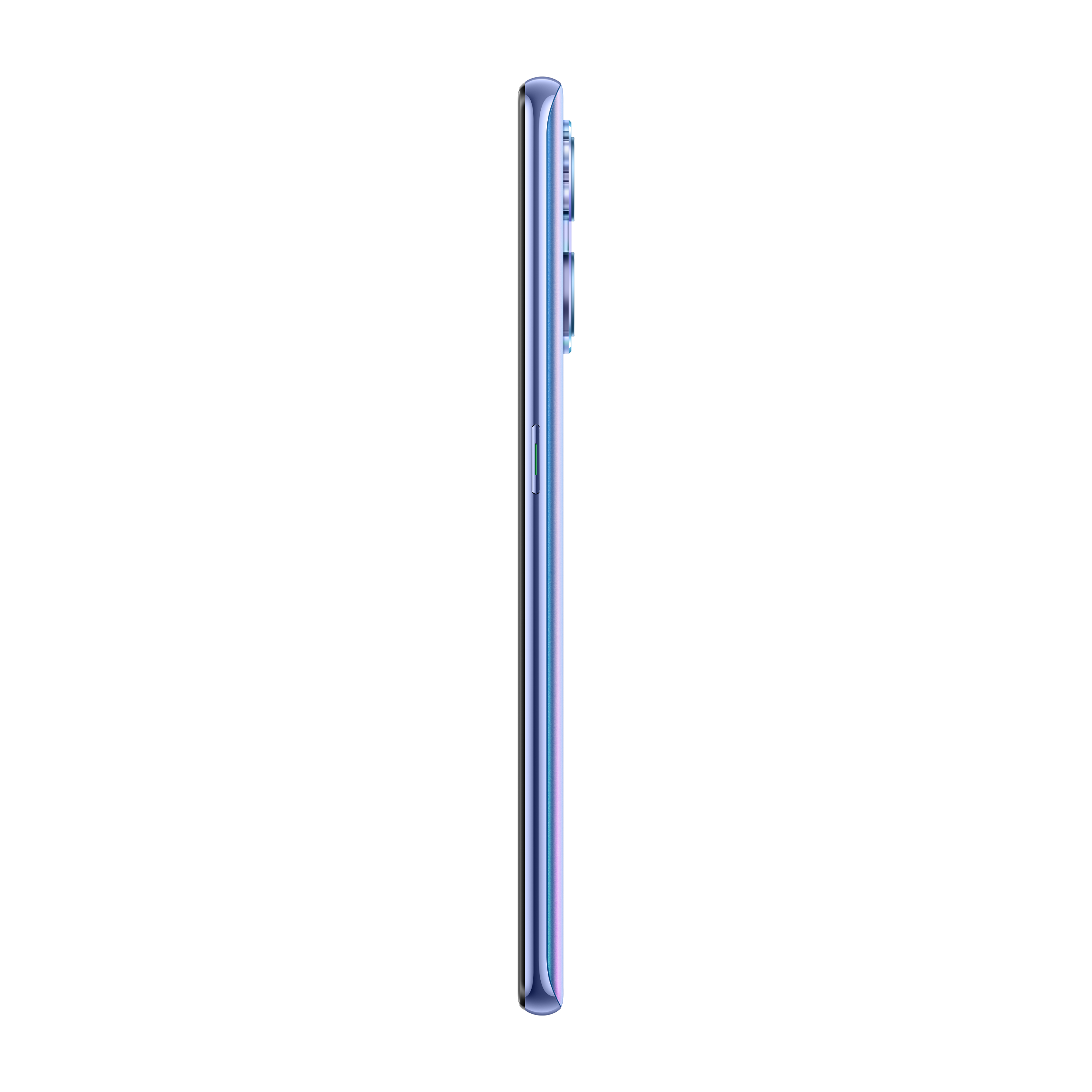 Un teléfono delgado en color con triple cámara sobre un fondo negro. Se muestra el perfil lateral.