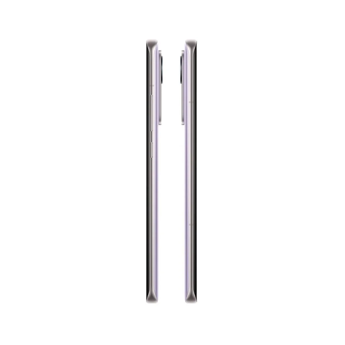 Two phones side by side, showing the side view. They are lavender and silver.