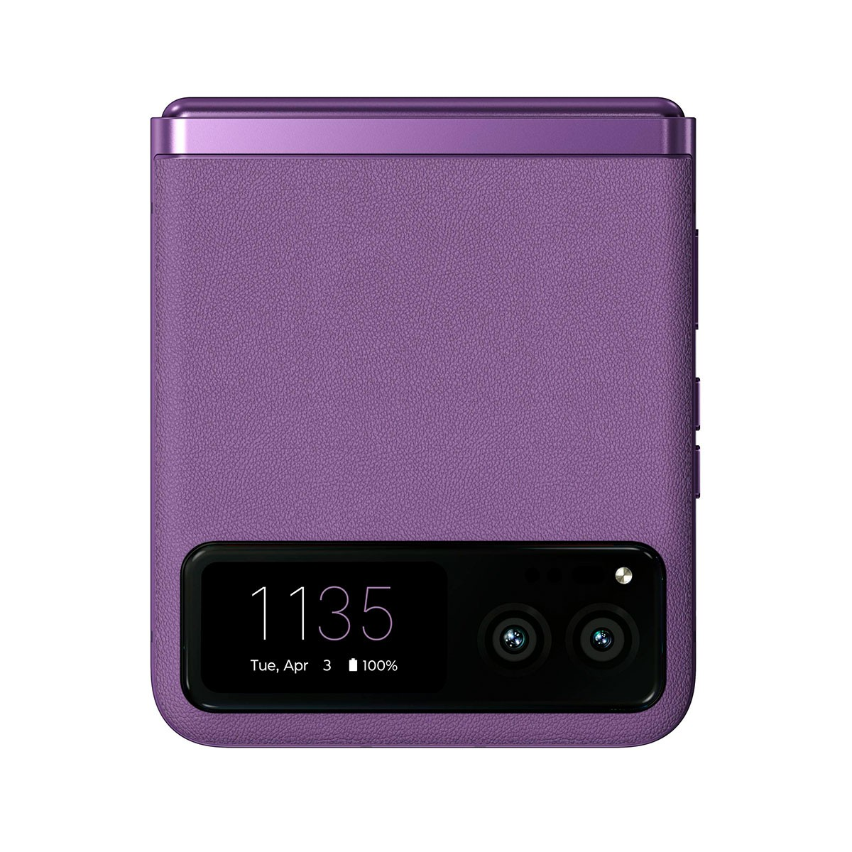Fioletowy składany telefon, zamknięty. Ekran pokazuje godzinę i baterię. Skórzana faktura.