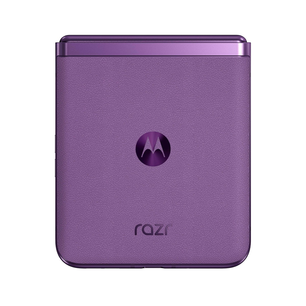 Fioletowy telefon Motorola Razr, zamknięty. Posiada teksturowaną powierzchnię i logo Motorola.