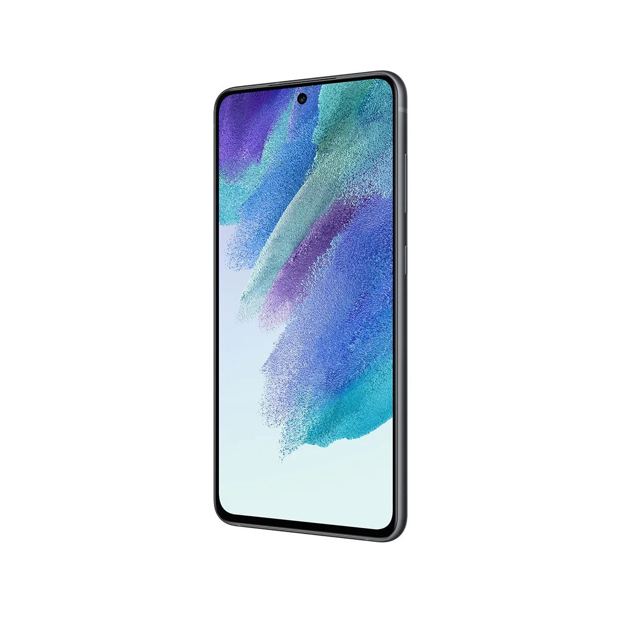 Un teléfono en superficie blanca. La pantalla muestra arte abstracto colorido.