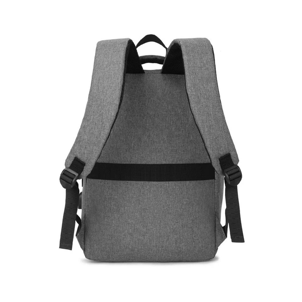 Mochila gris desde atrás con correas y asa negras. Sobre fondo blanco.