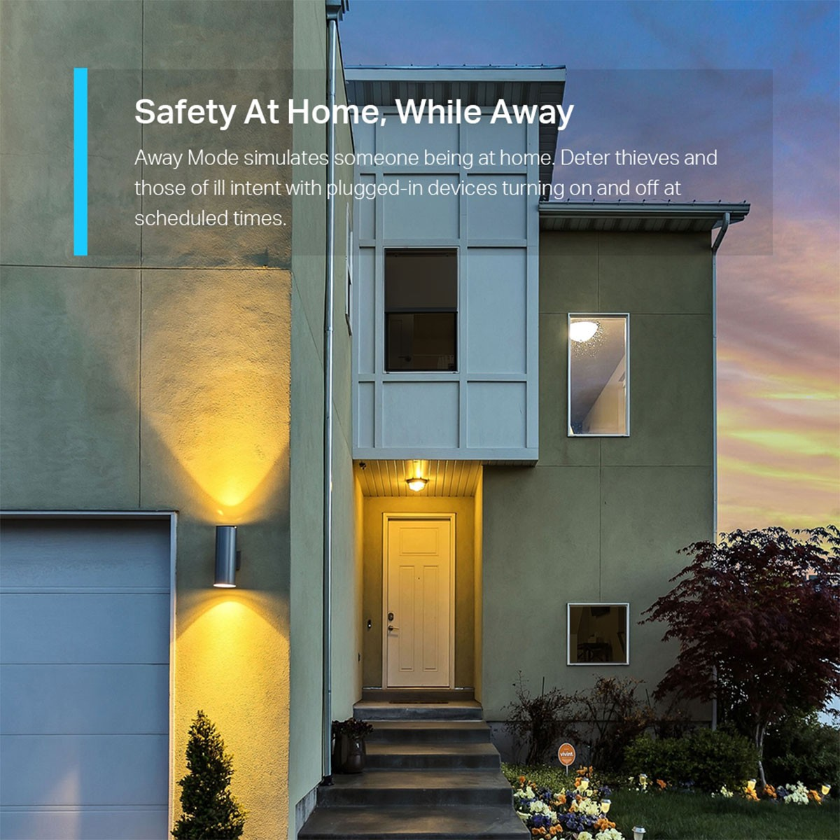 Hausaußenansicht, grün, helle Beleuchtung, Text über Sicherheit, sonniger Tag, blauer Himmel.