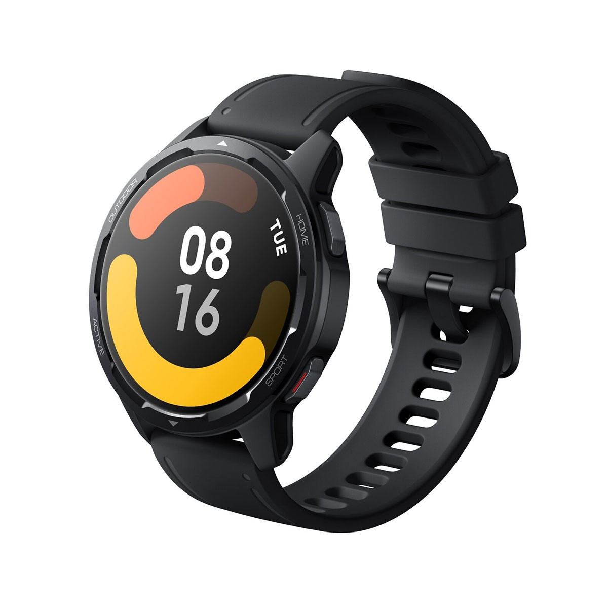 Schwarze Smartwatch mit rundem Display, das Datum und Uhrzeit anzeigt.