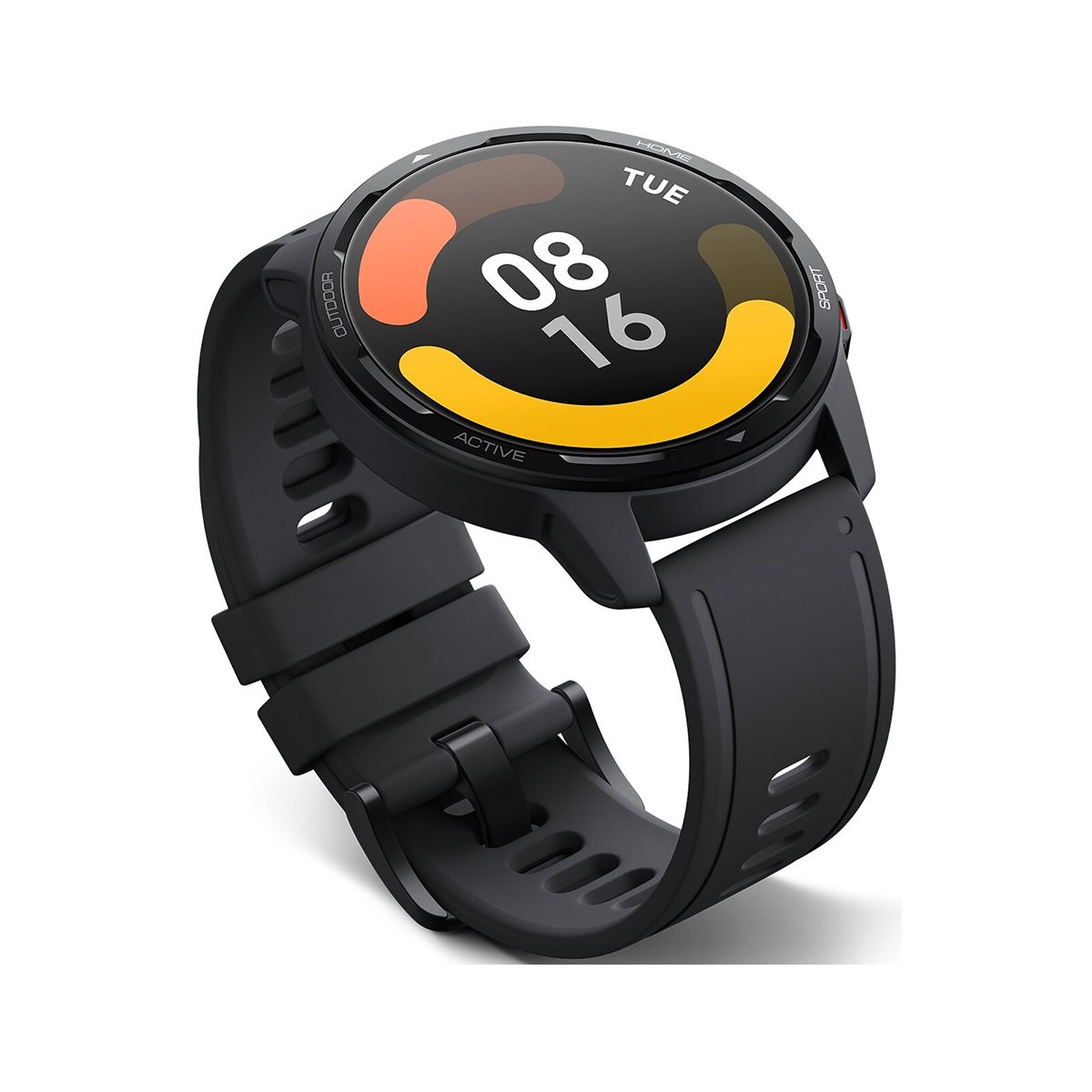 Eine schwarze Smartwatch mit schwarzem Armband, die ein digitales Zifferblatt anzeigt.