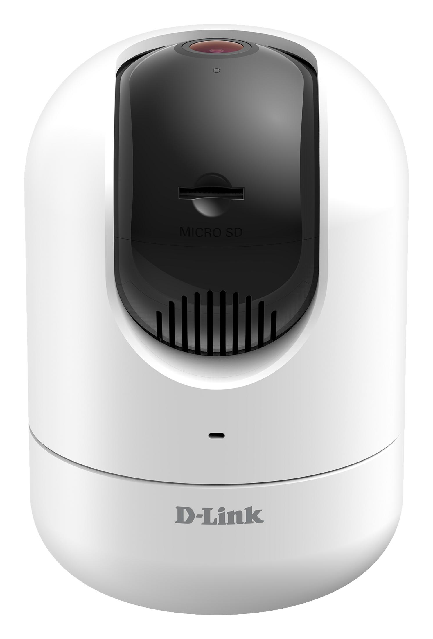 Telecamera di sicurezza bianca con obiettivo nero e slot Micro SD, logo D-Link.