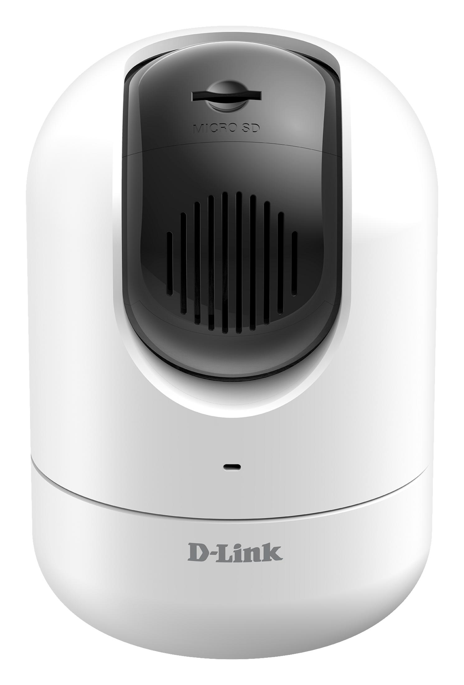 Una telecamera di sicurezza D-Link bianca con un pannello nero e il logo dell'azienda.