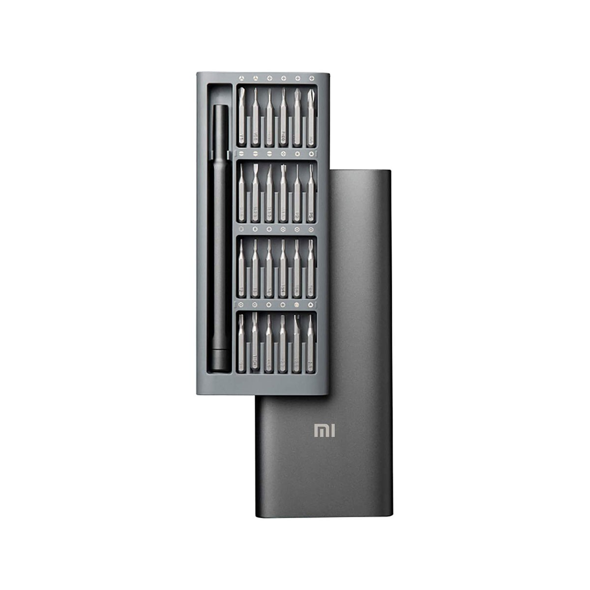 Zestaw śrubokrętów Mi w szarej walizce. Walizka jest otwarta, odsłaniając różne końcówki śrubokrętów.