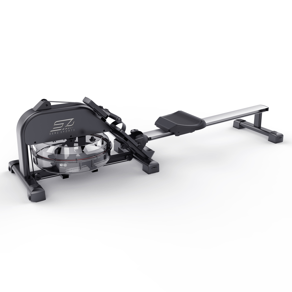 Rowing machine with a water tank, black frame, and seat, isolated on white.