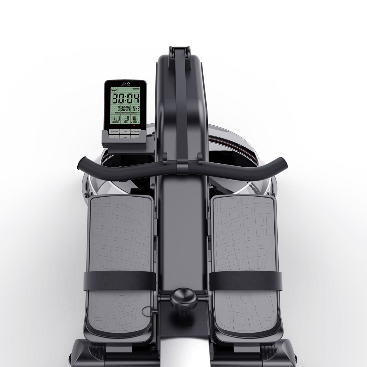 Rowing machine, top view. Shows display with stats and black handles.