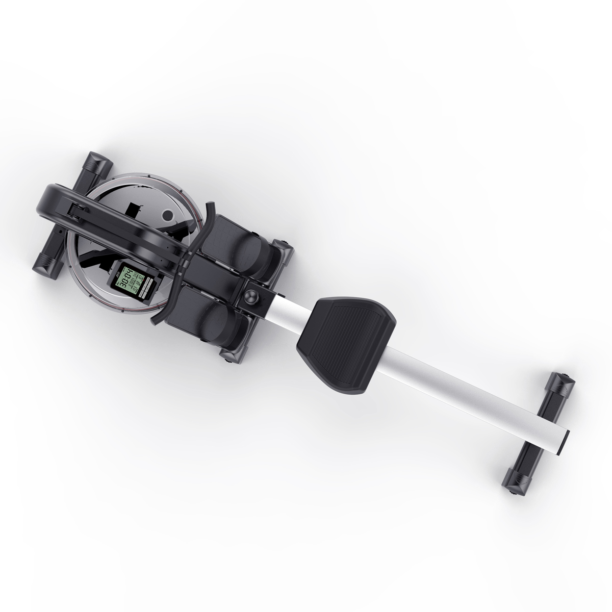Rowing machine viewed from above. Black and silver. Digital display shows time. White background.