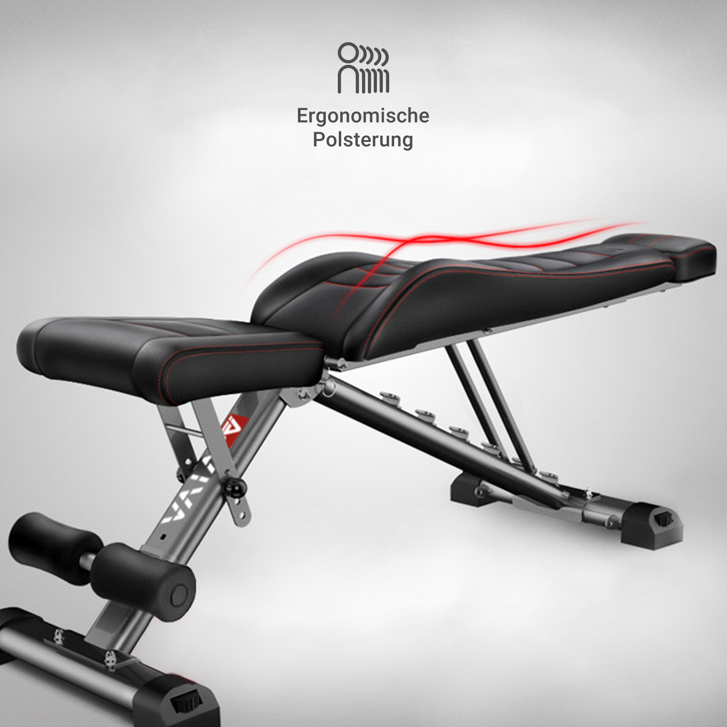 Schwarze und rote Trainingsbank. Text oben lautet: Ergonomische Polsterung. Weißer Hintergrund.