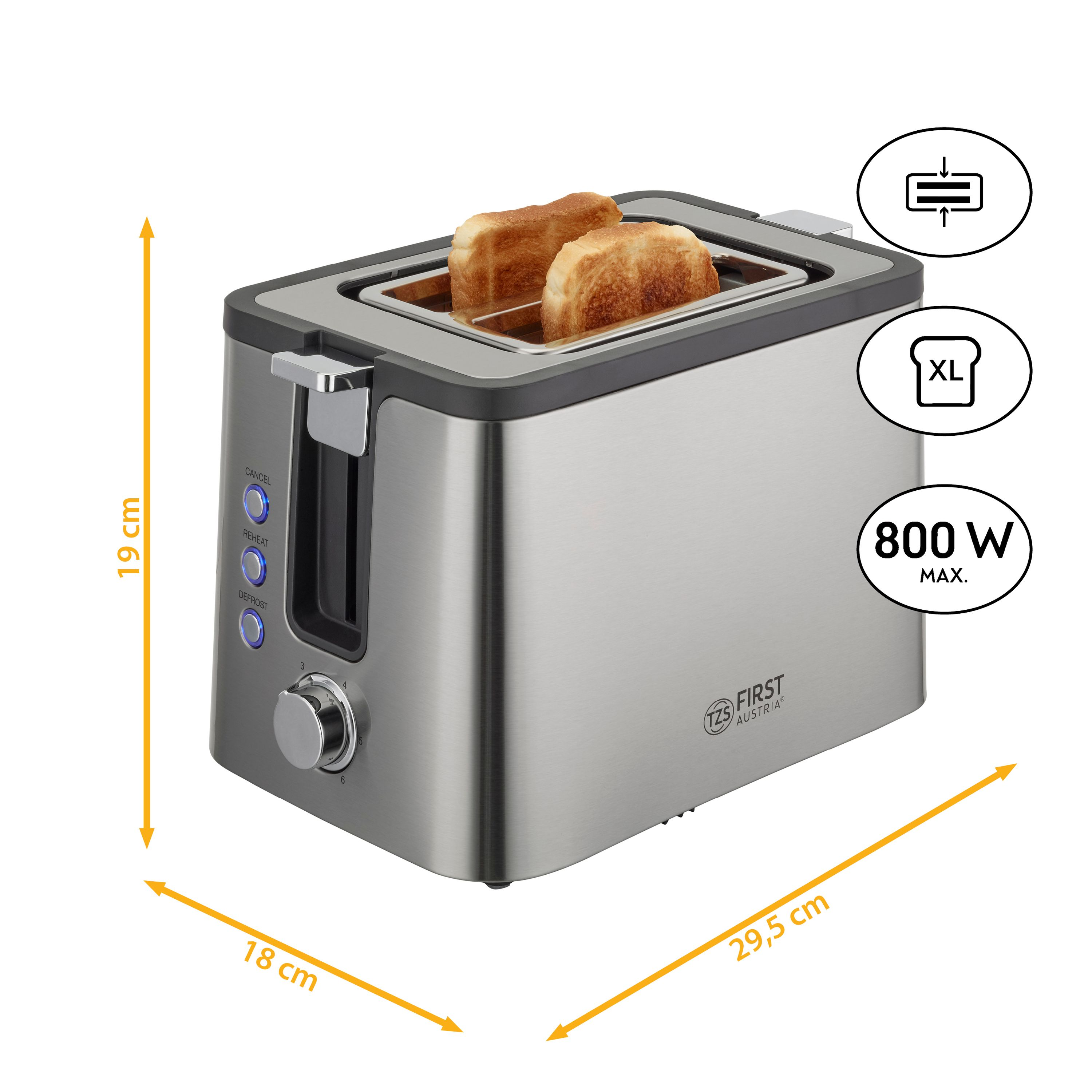 Silberner Toaster mit zwei Toastscheiben, Abmessungen und Funktionen angegeben.
