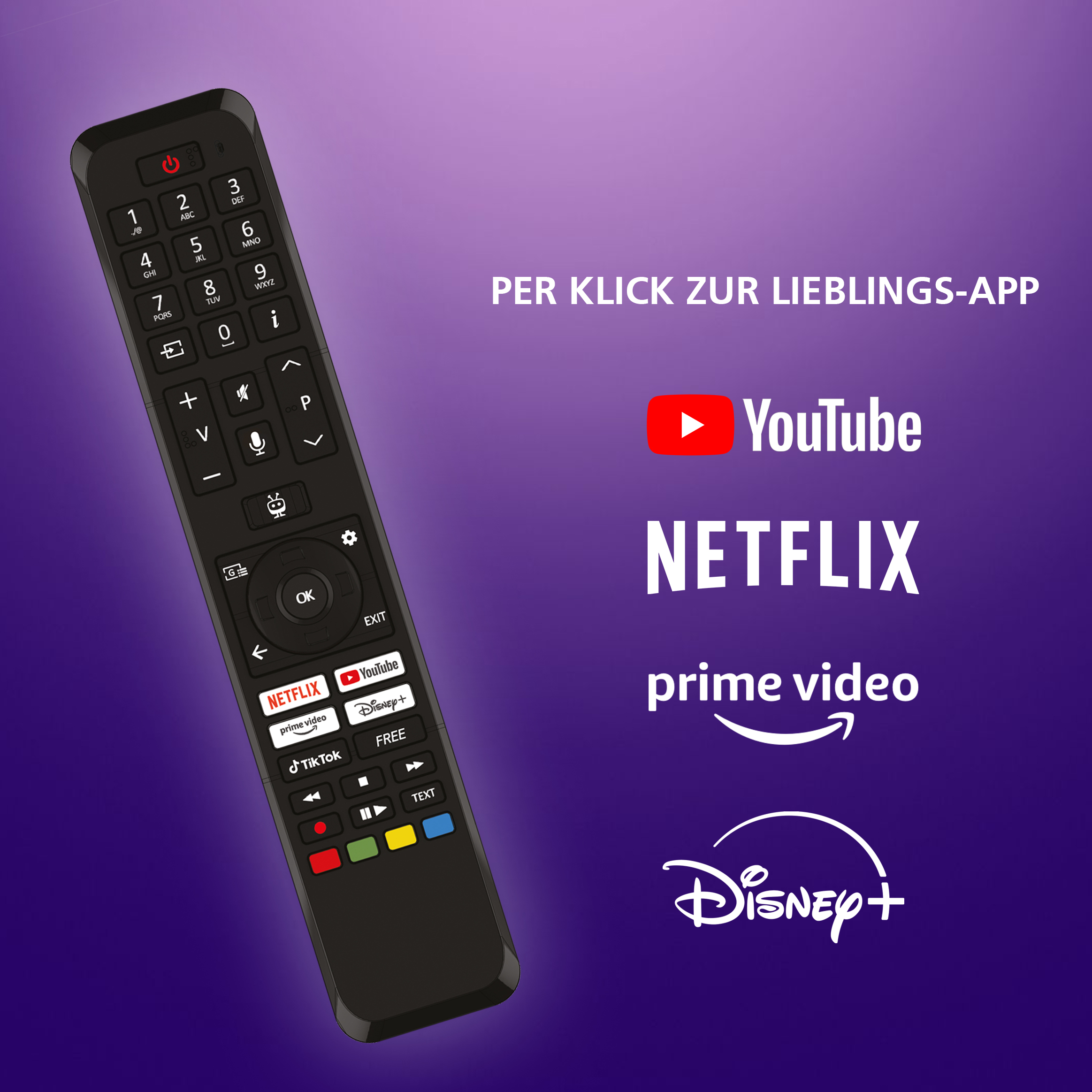Czarny pilot z ponumerowanymi przyciskami i ikonami aplikacji YouTube, Netflix, Prime Video i Disney+.