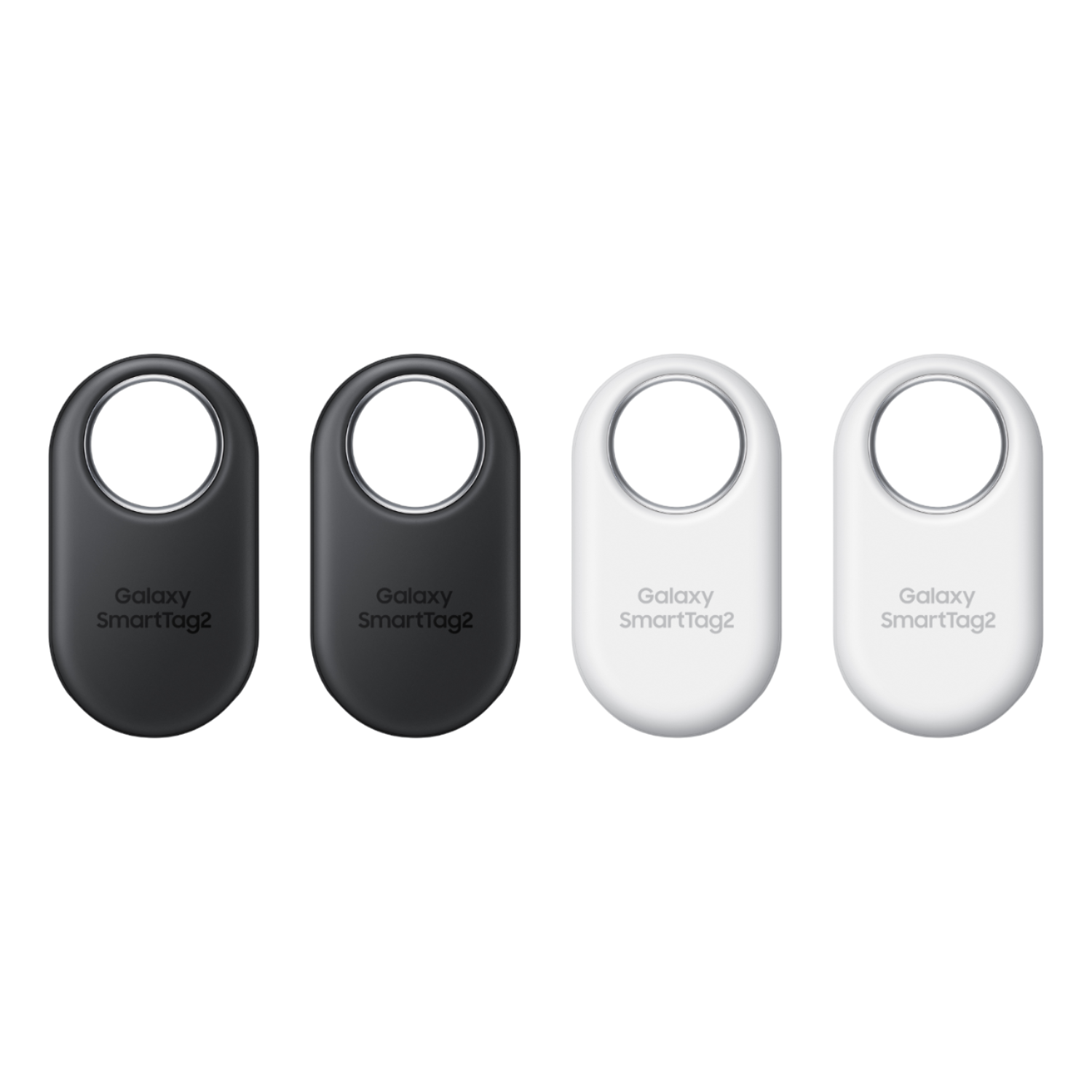 Cztery trackery Galaxy SmartTag2, dwa czarne i dwa białe.