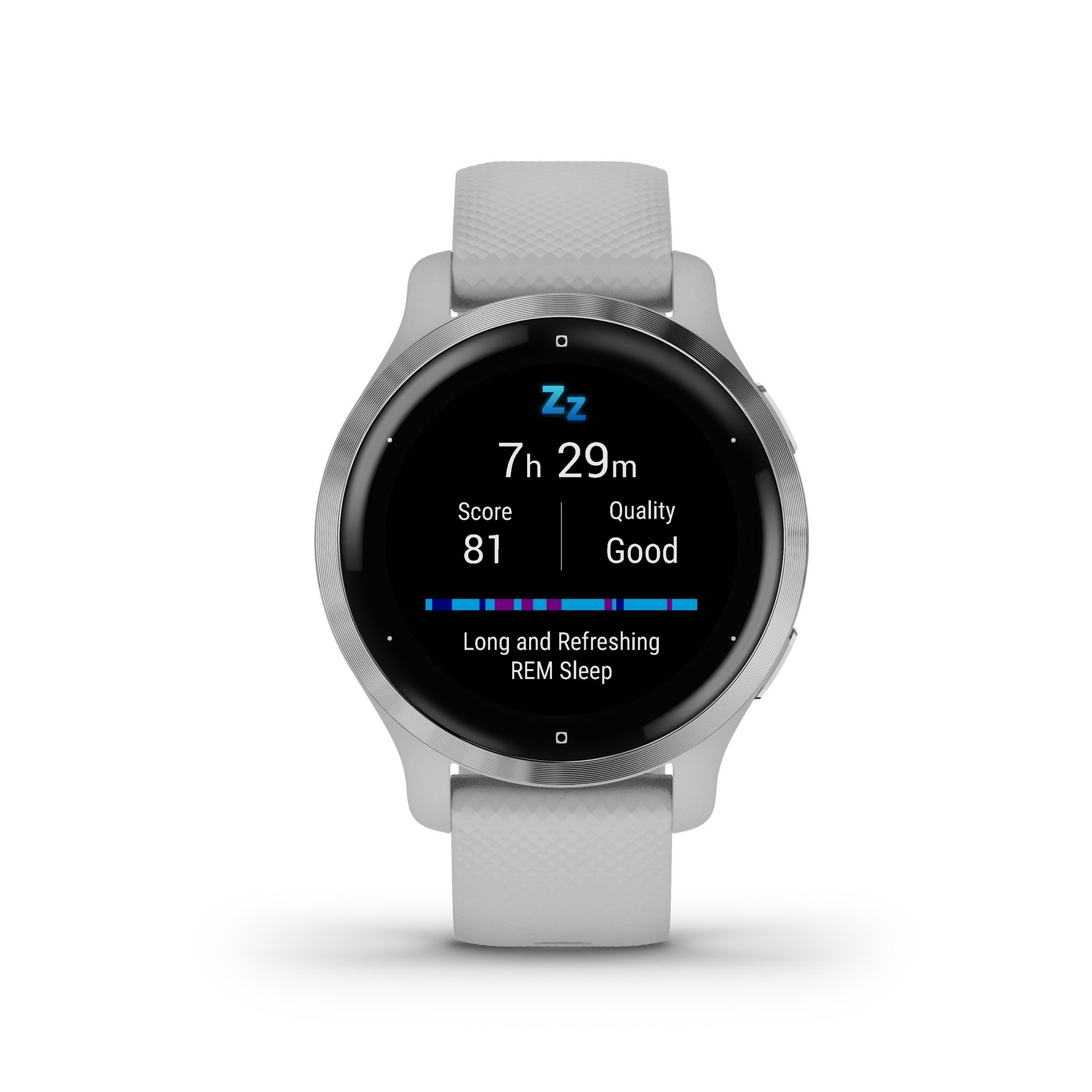 Silberne Smartwatch, die Schlafdaten anzeigt: Zeit, Wert und Qualität, REM-Schlaf.