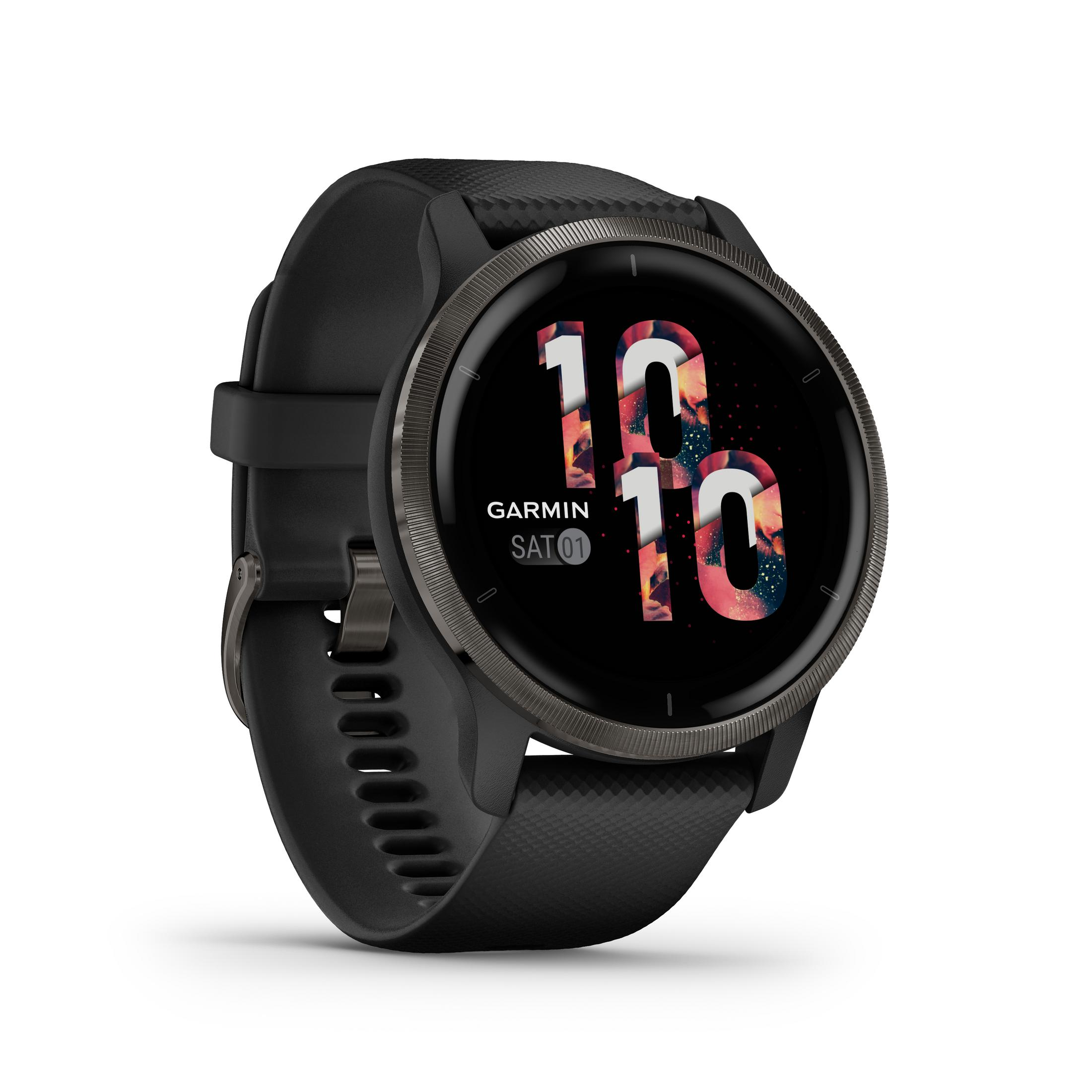 Schwarze Garmin Smartwatch mit floraler Anzeige, zeigt Zeit und Datum.