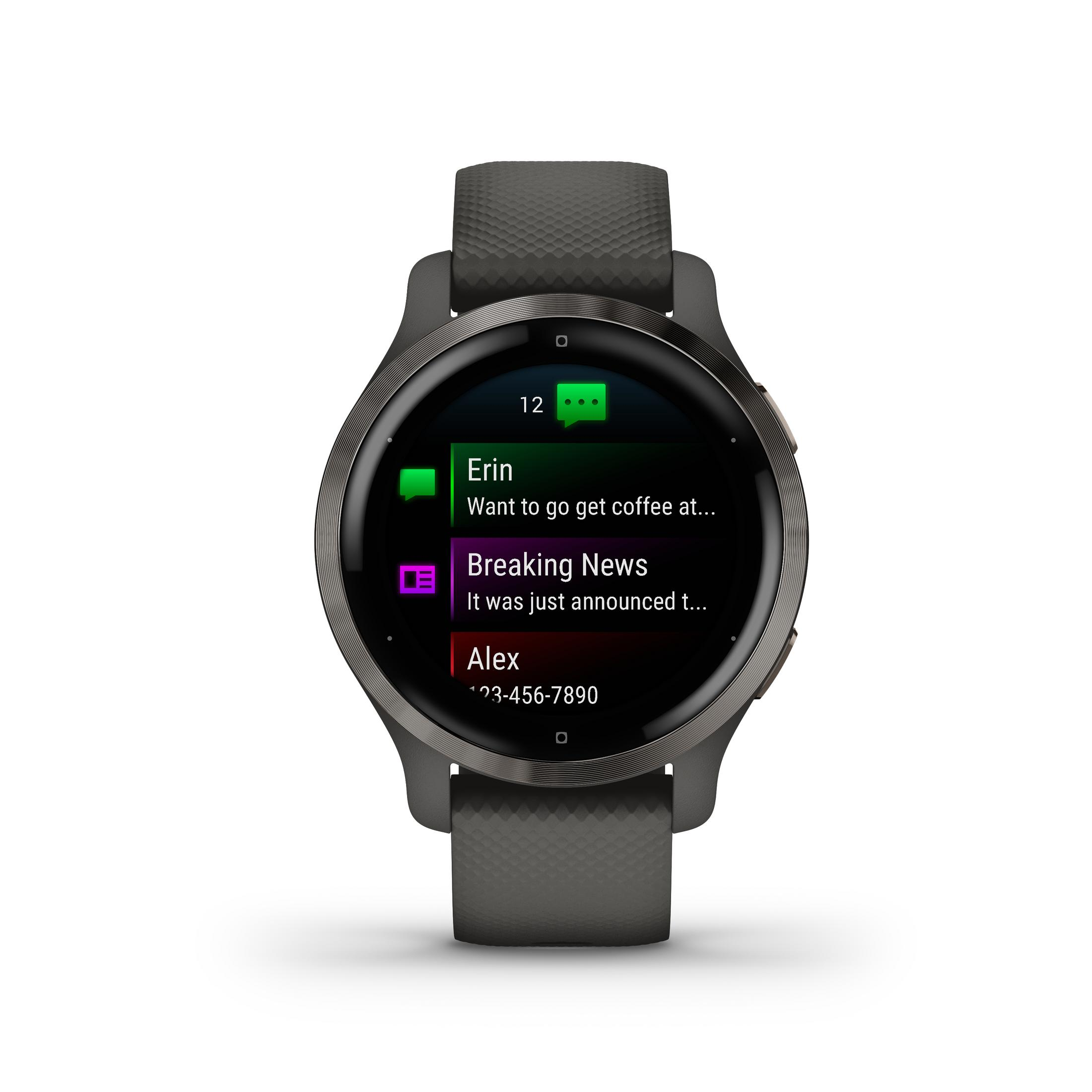 Eine Smartwatch zeigt Nachrichten von Kontakten auf dem Bildschirm an, mit einem dunkelgrauen Armband.