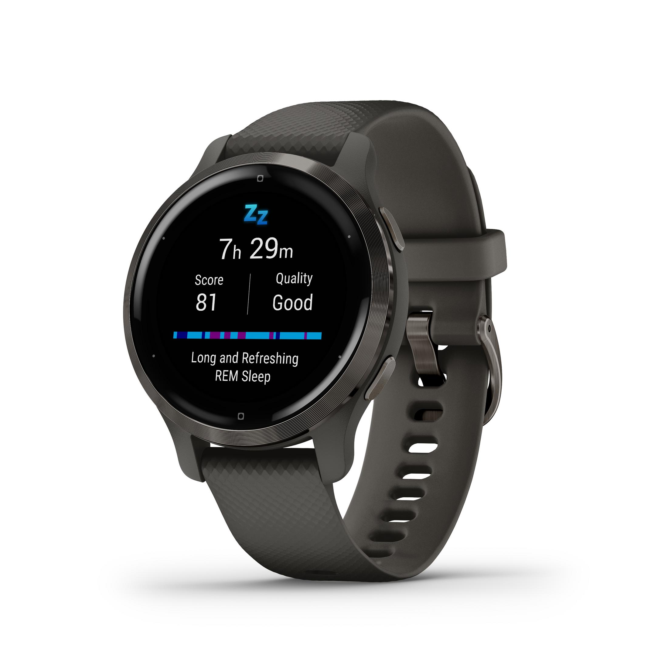 Eine schwarze Smartwatch, die Schlafinformationen wie Bewertung, Qualität und Zeit anzeigt.