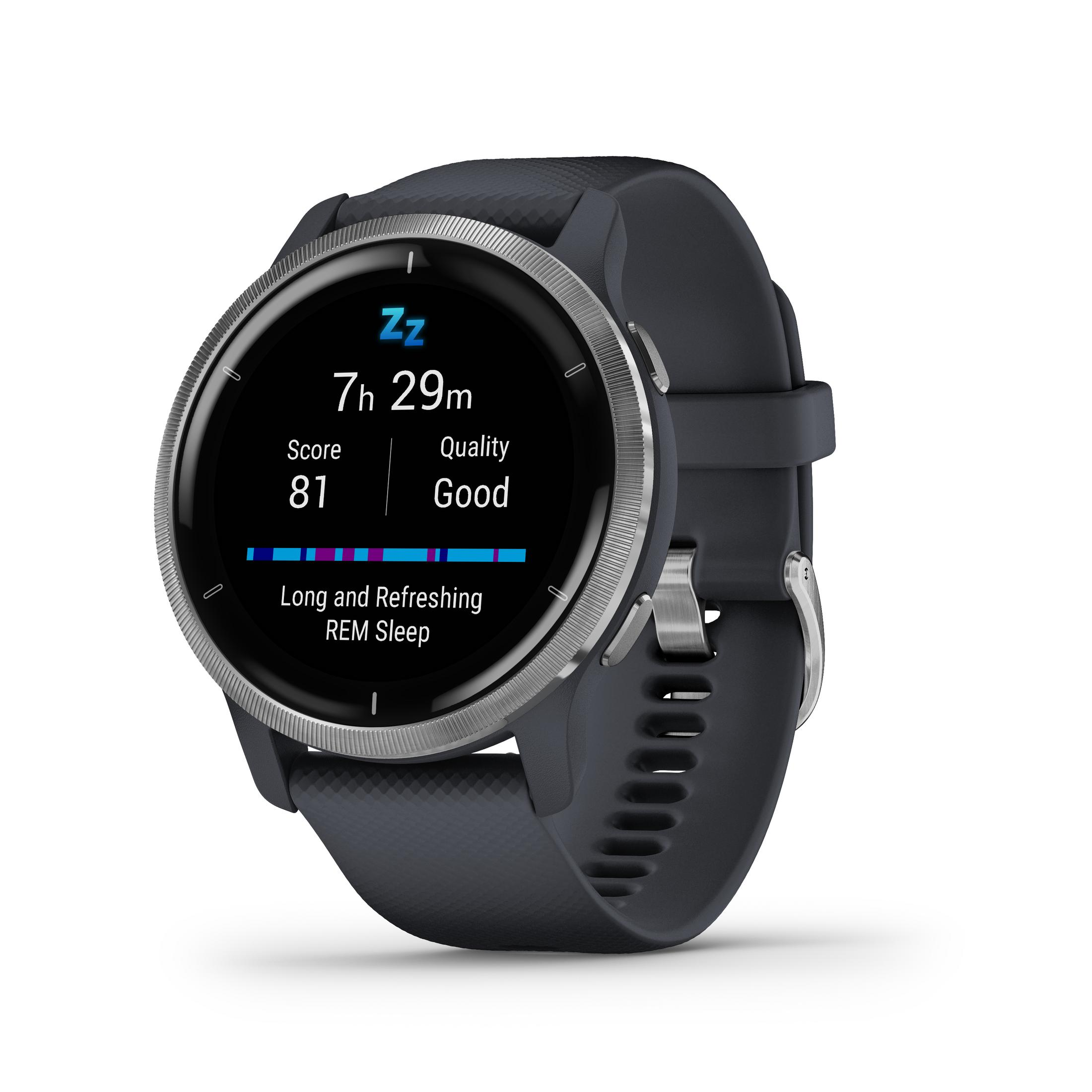 Uno smartwatch nero che mostra i dati del sonno: tempo, punteggio e qualità. Lo schermo è acceso.