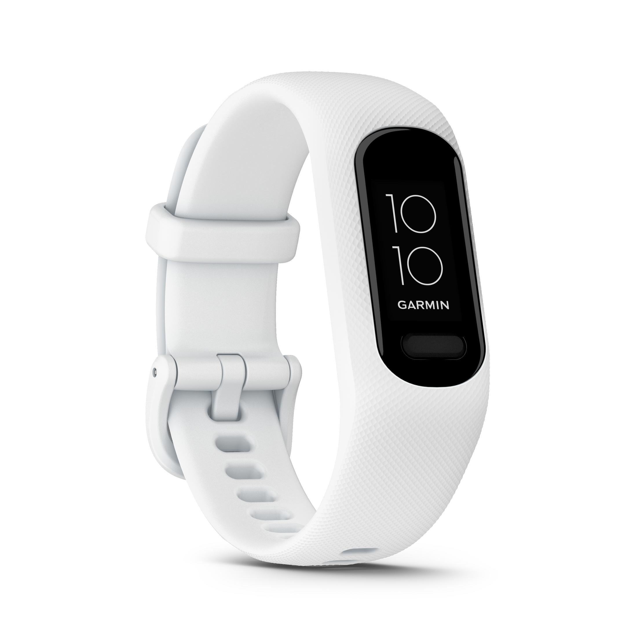 A white Garmin fitness tracker. The screen shows time, with a black band and white casing, featuring a clasp.