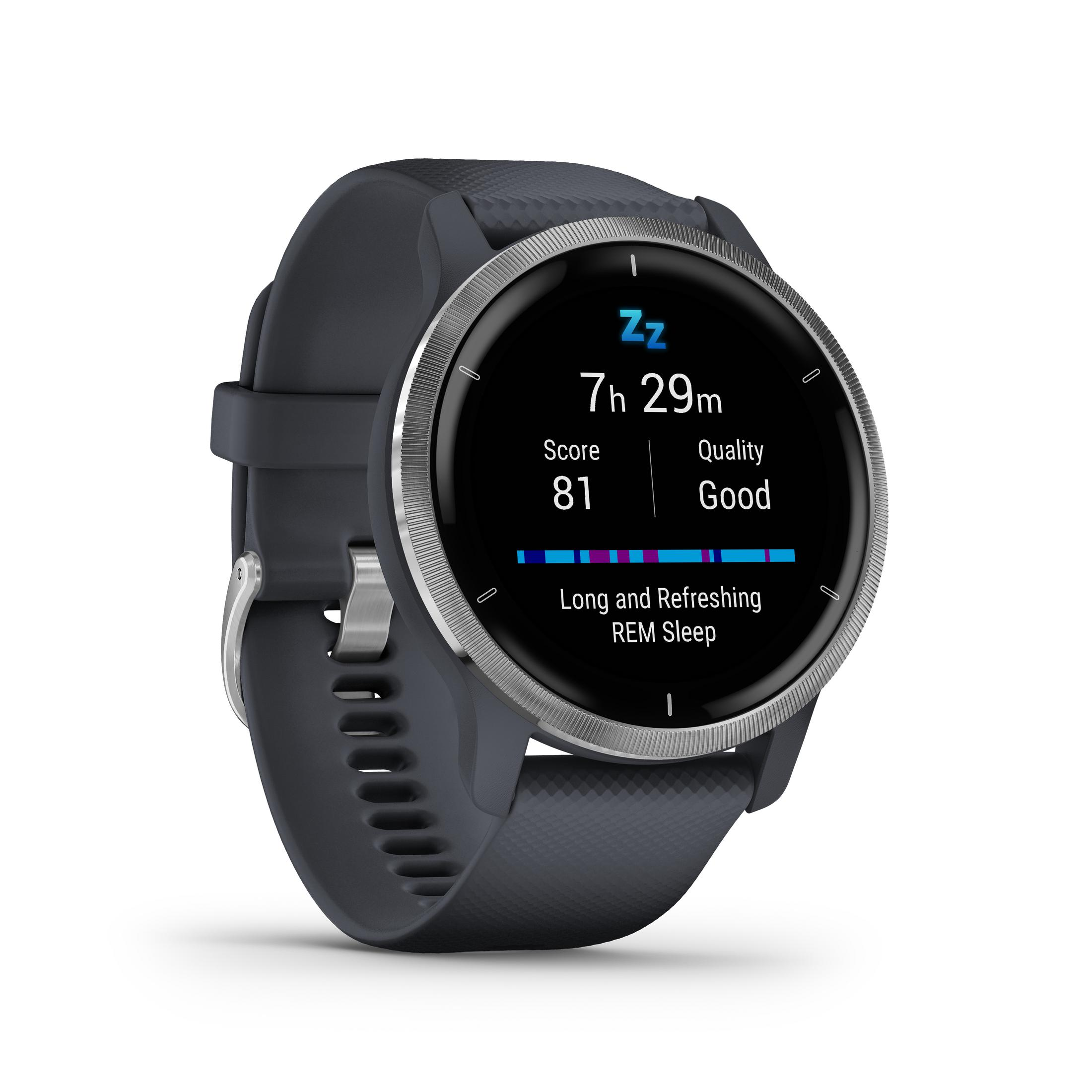 Smartwatch grigio scuro che mostra i dati del sonno: tempo, punteggio e qualità.