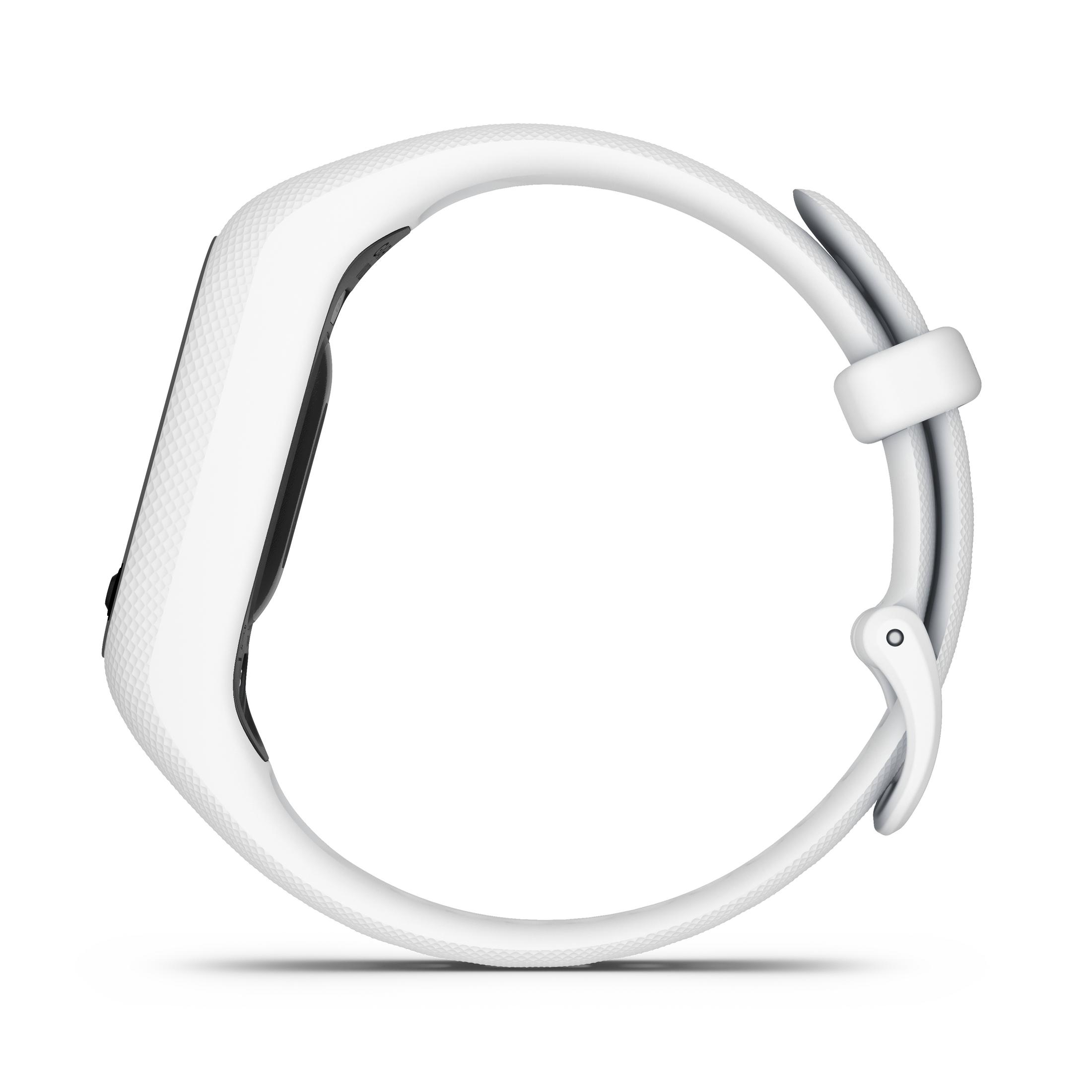 White fitness tracker. Side view, with a white strap.