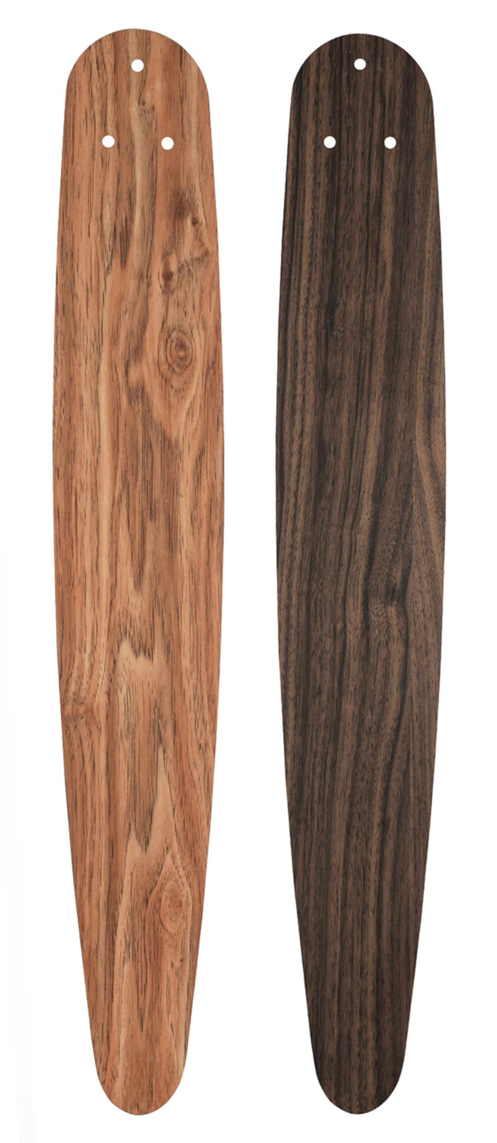 Due pale di ventola in legno, una marrone chiaro, una marrone scuro, con fori per il fissaggio.