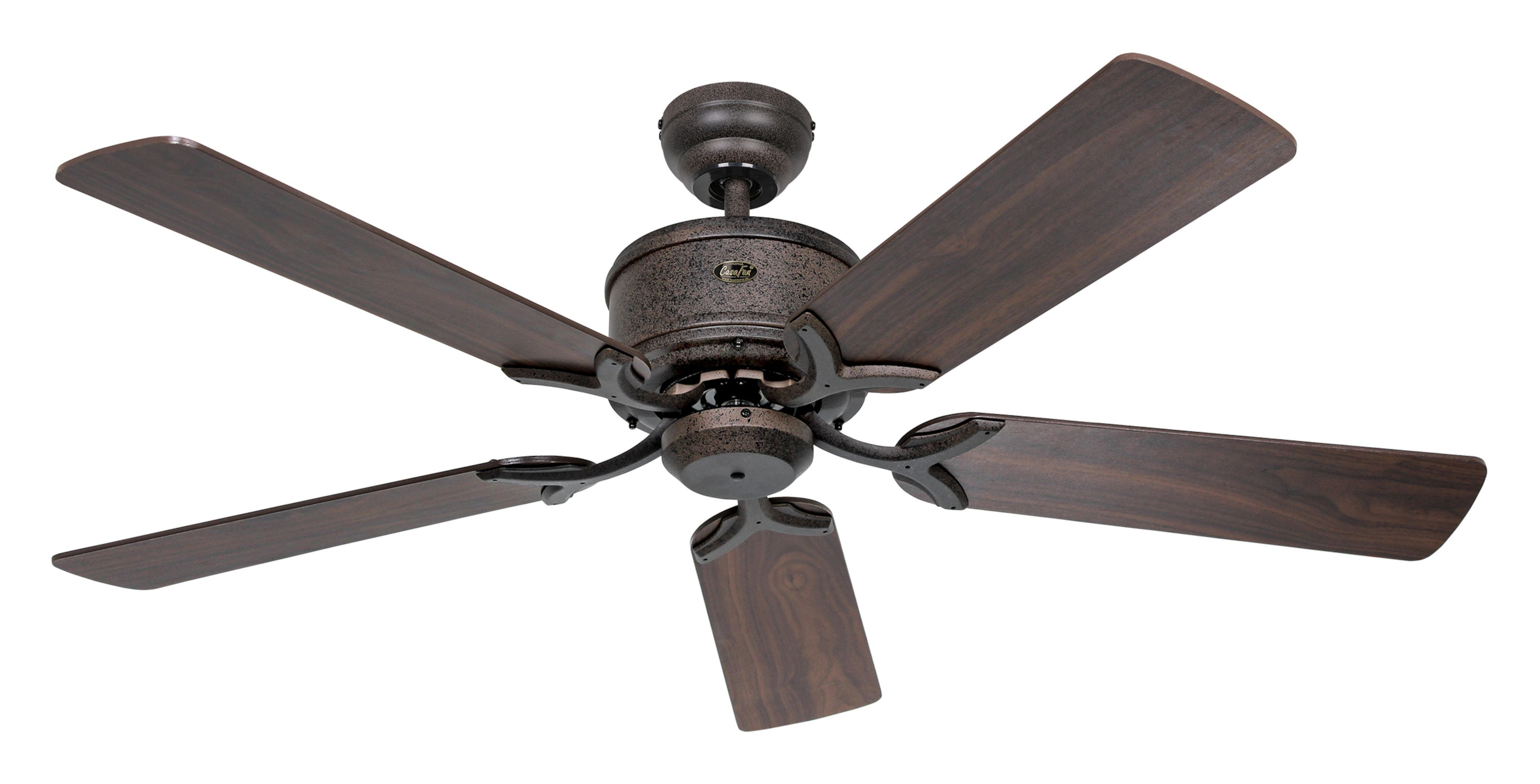 Un ventilatore a soffitto con cinque pale in legno e un alloggiamento motore color bronzo.