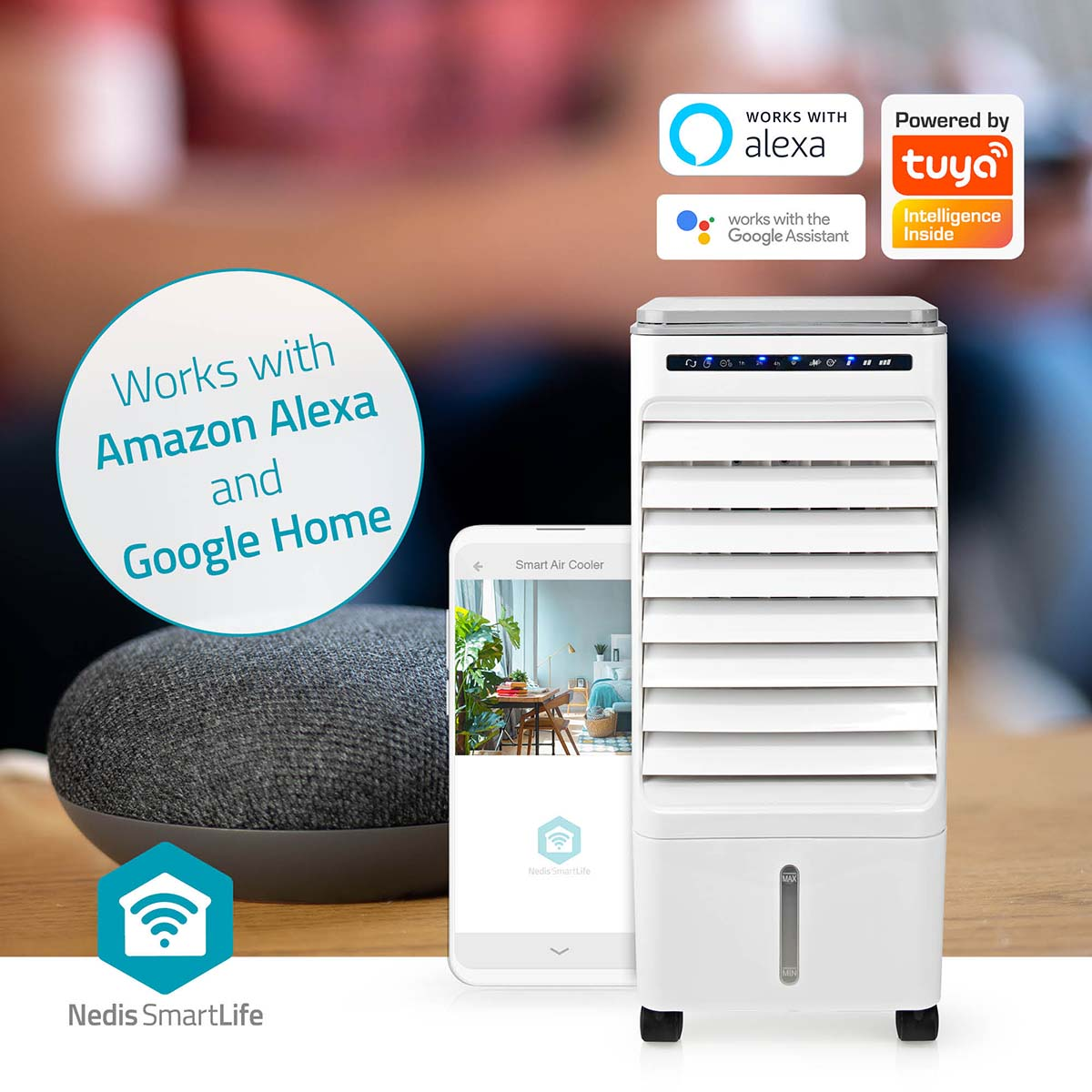 Weißer Luftkühler mit Bedienfeld und Smart-Home-Geräten. Text: Funktioniert mit Alexa und Google Home. Smart Air Cooler.