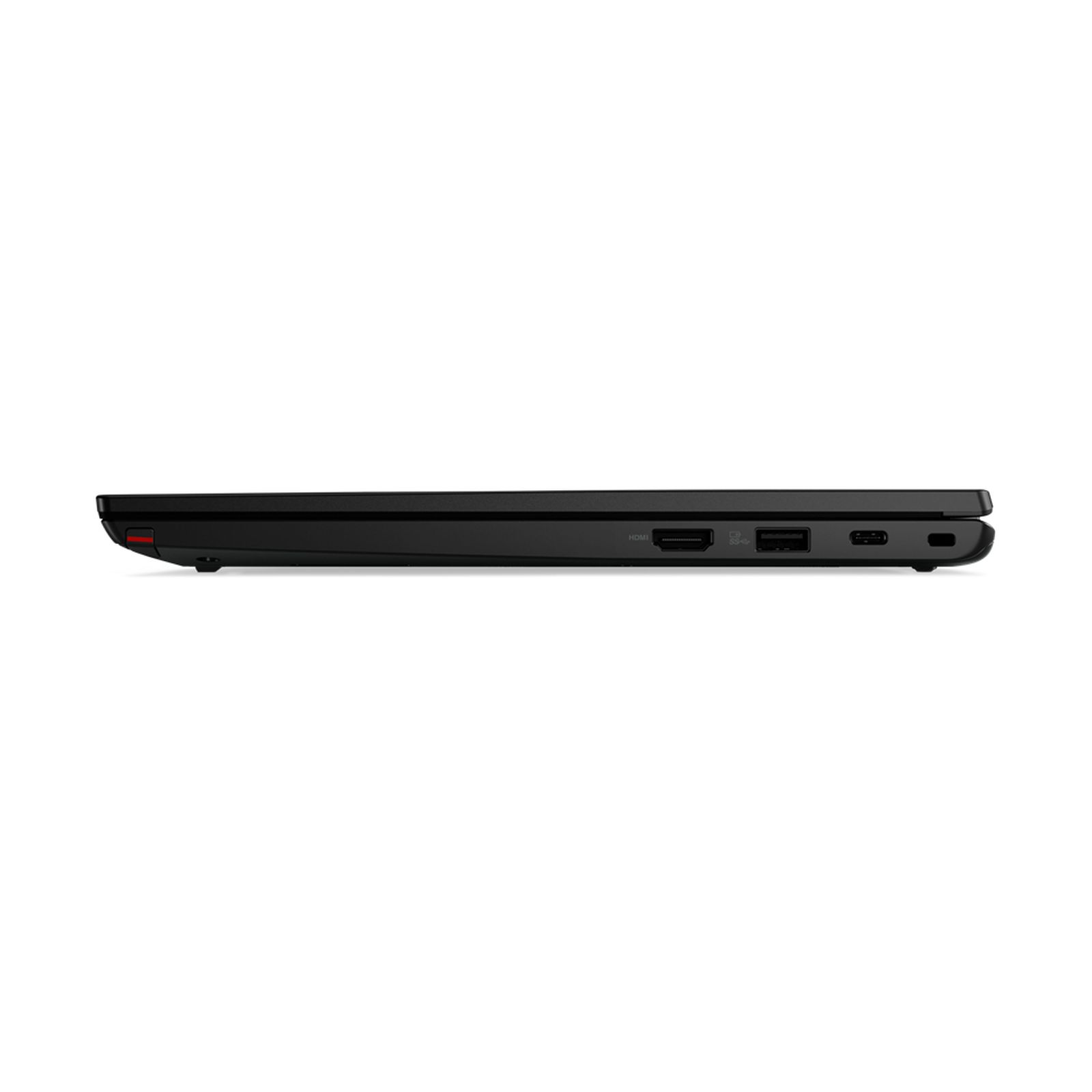 Vista laterale di un laptop nero con porte visibili, su una superficie bianca.