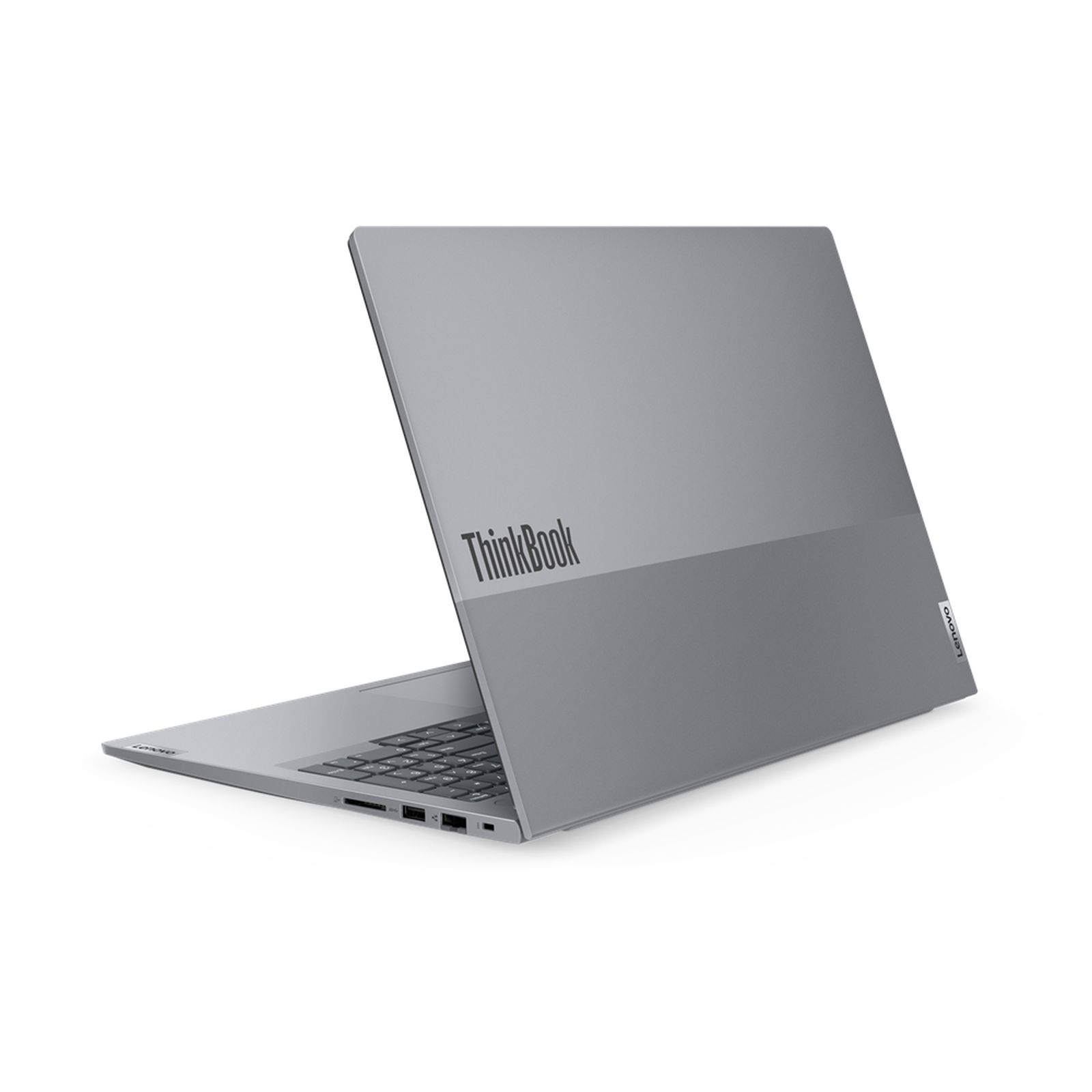 Grauer Laptop mit ThinkBook-Logo auf weißem Hintergrund.