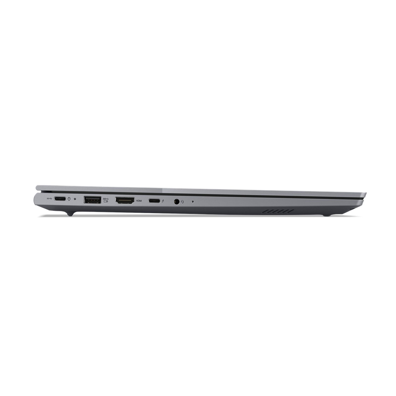 Ein Laptop-Computer von der Seite gesehen, die Anschlüsse zeigend. Der Laptop ist grau.