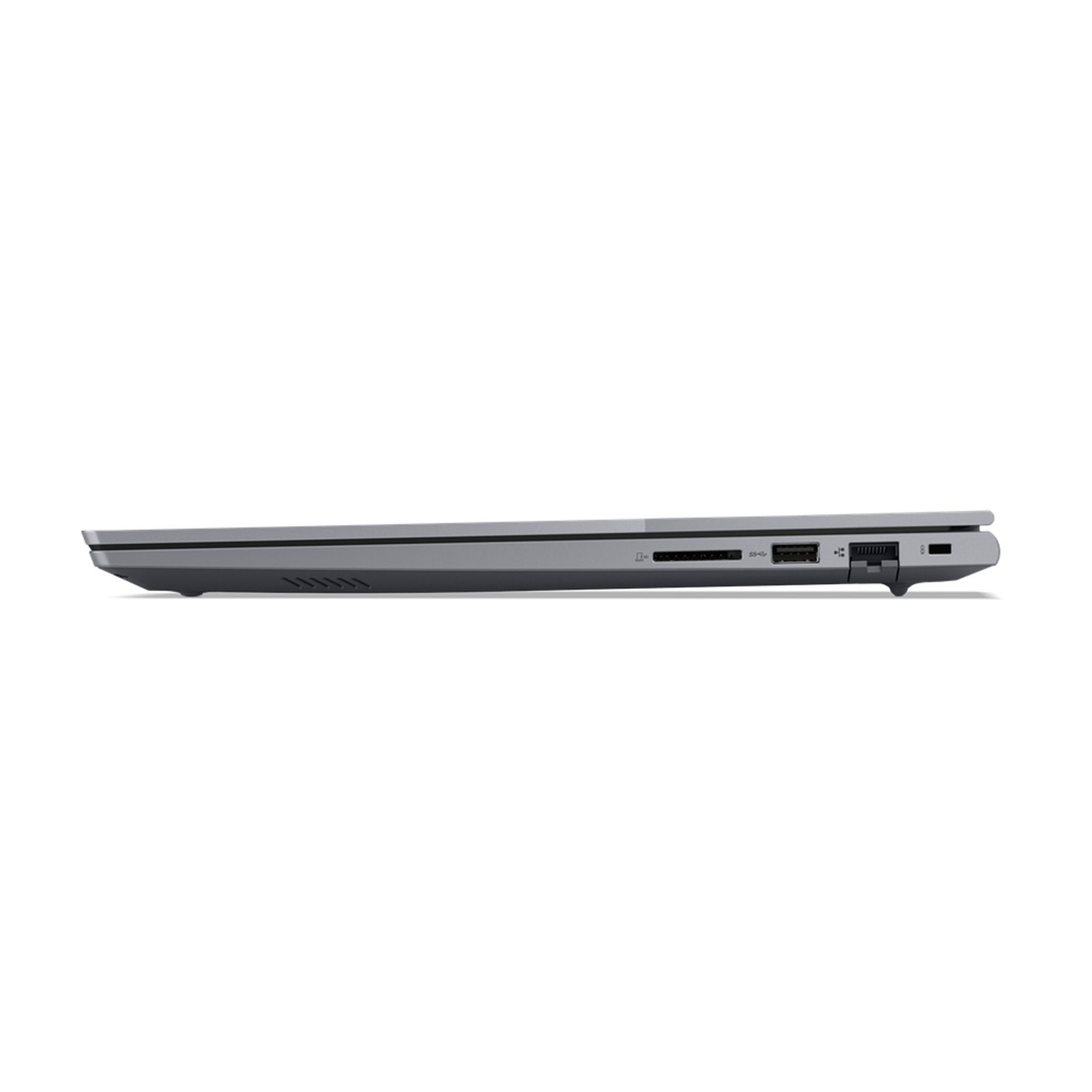 Seitenansicht eines grauen Laptops mit Anschlüssen. Weißer Hintergrund.