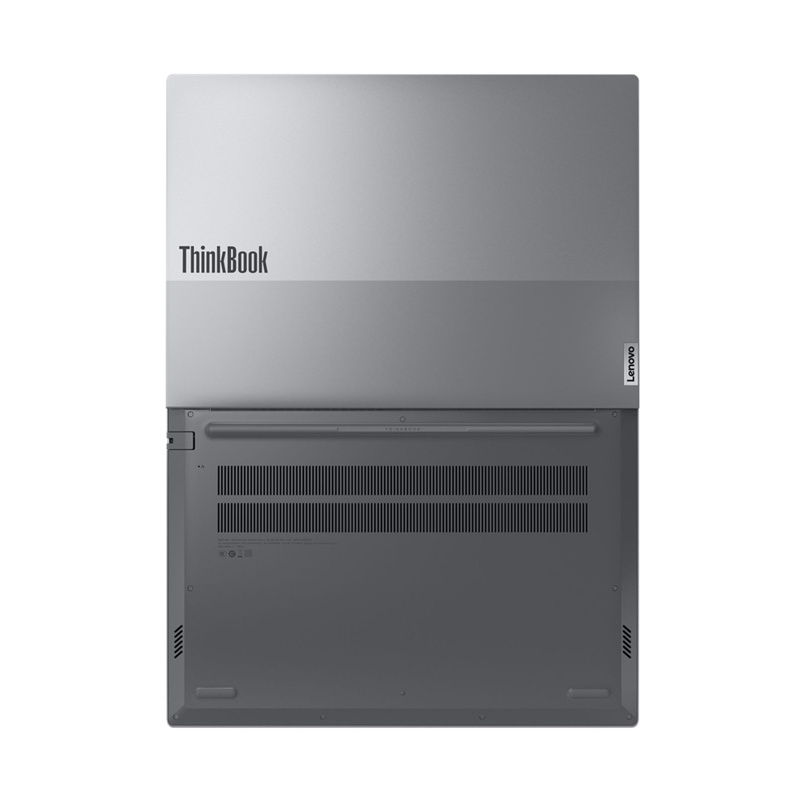 Laptop, grau mit ThinkBook-Logo. Unteransicht des Laptops. Weißer Hintergrund.