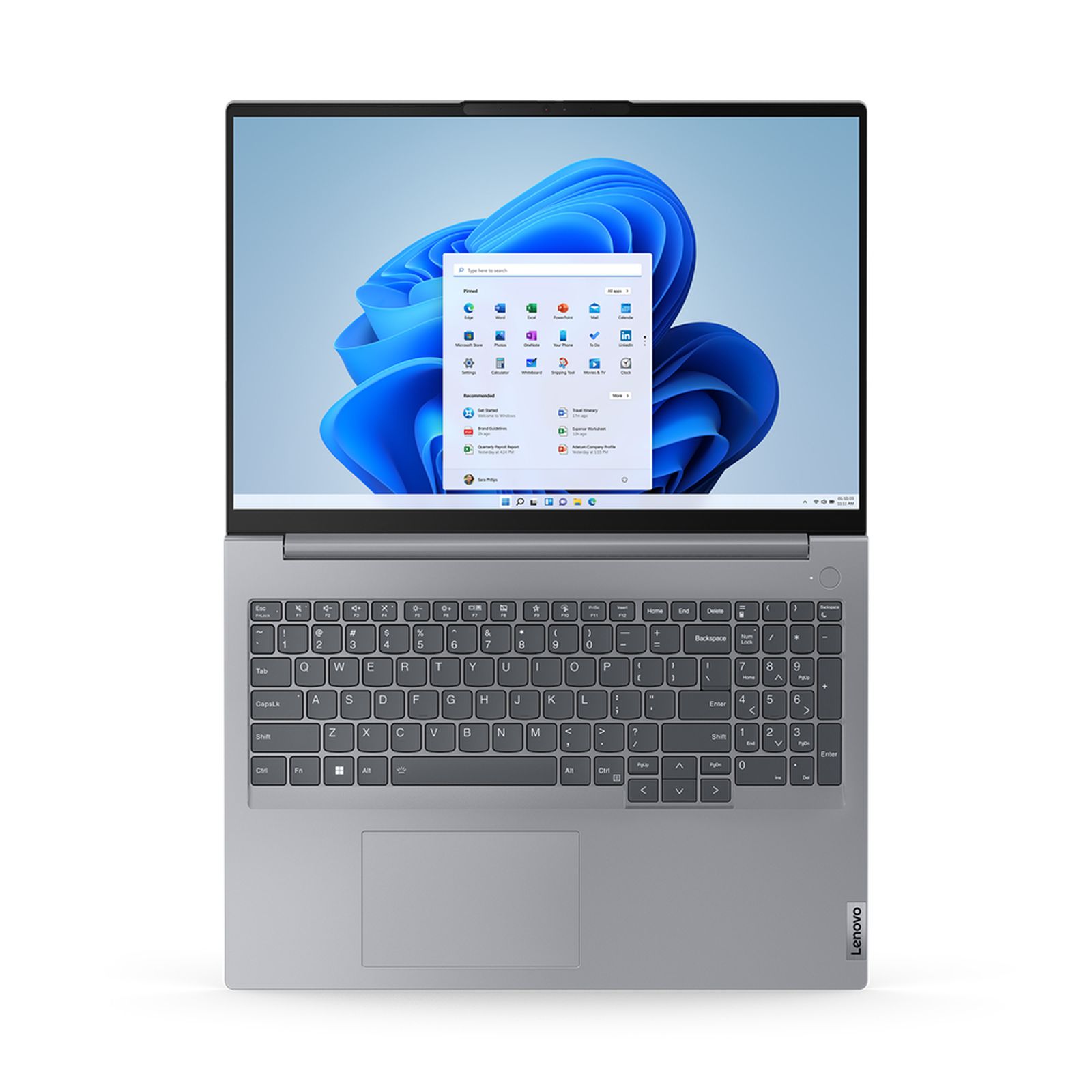 Ein Lenovo-Laptop, Draufsicht, geöffnet. Er hat eine graue Tastatur, einen Bildschirm mit Windows 11 und ein Trackpad.