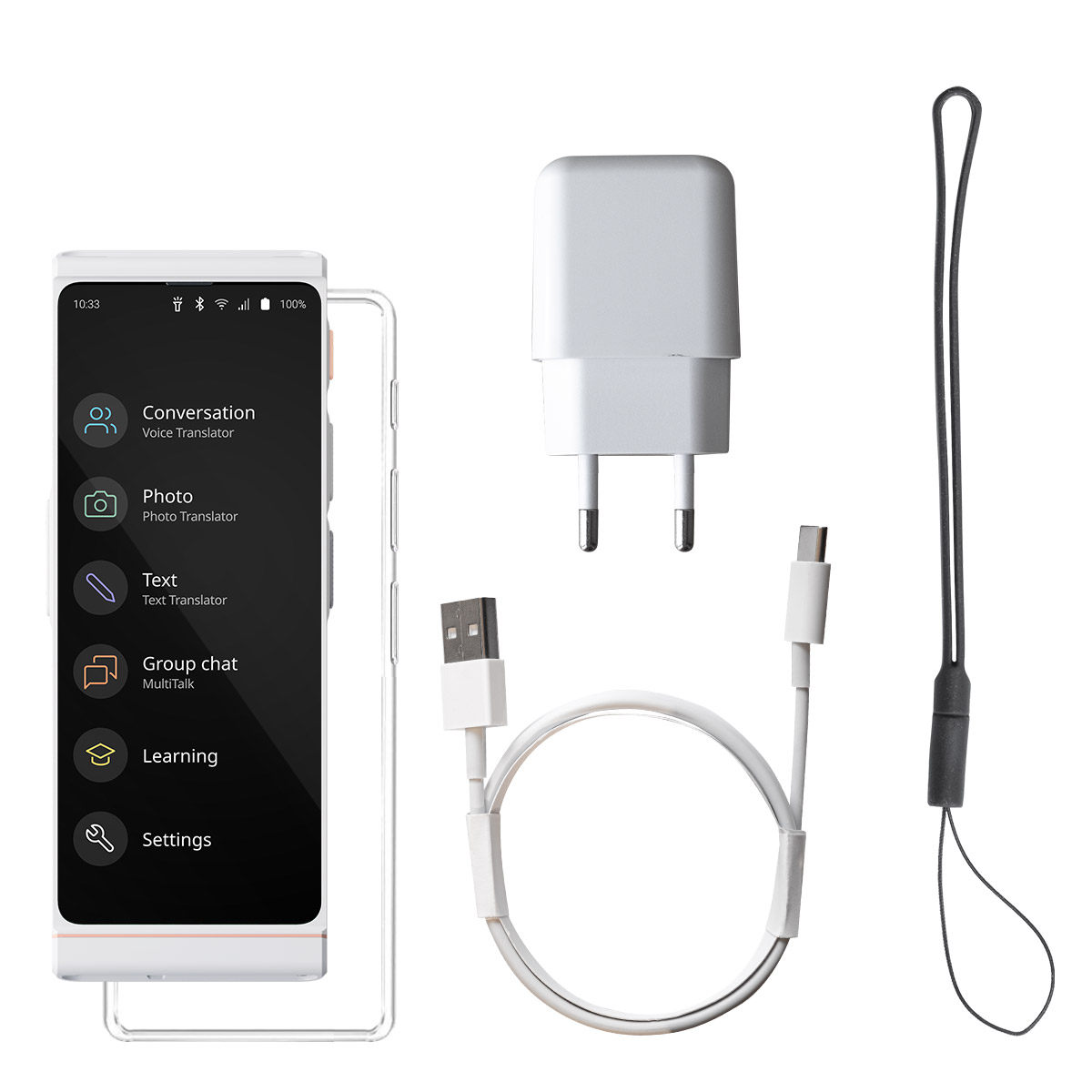 Ein Telefon, Ladegerät, Kabel und ein Gurt auf weißem Hintergrund. Das Telefon zeigt App-Symbole.