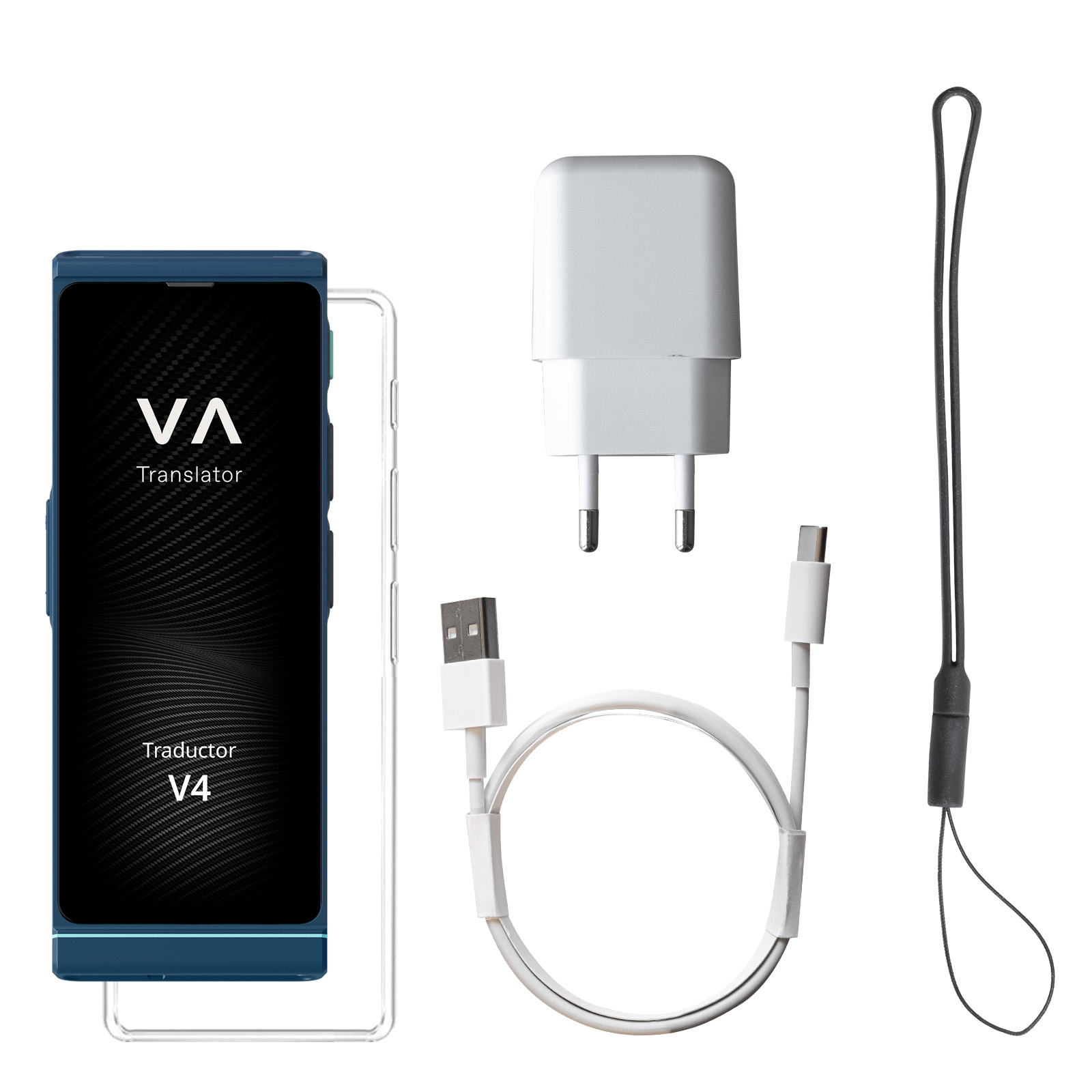 Ein blaues Telefon mit Zubehör: Ladegerät, Kabel und Schlüsselband.
